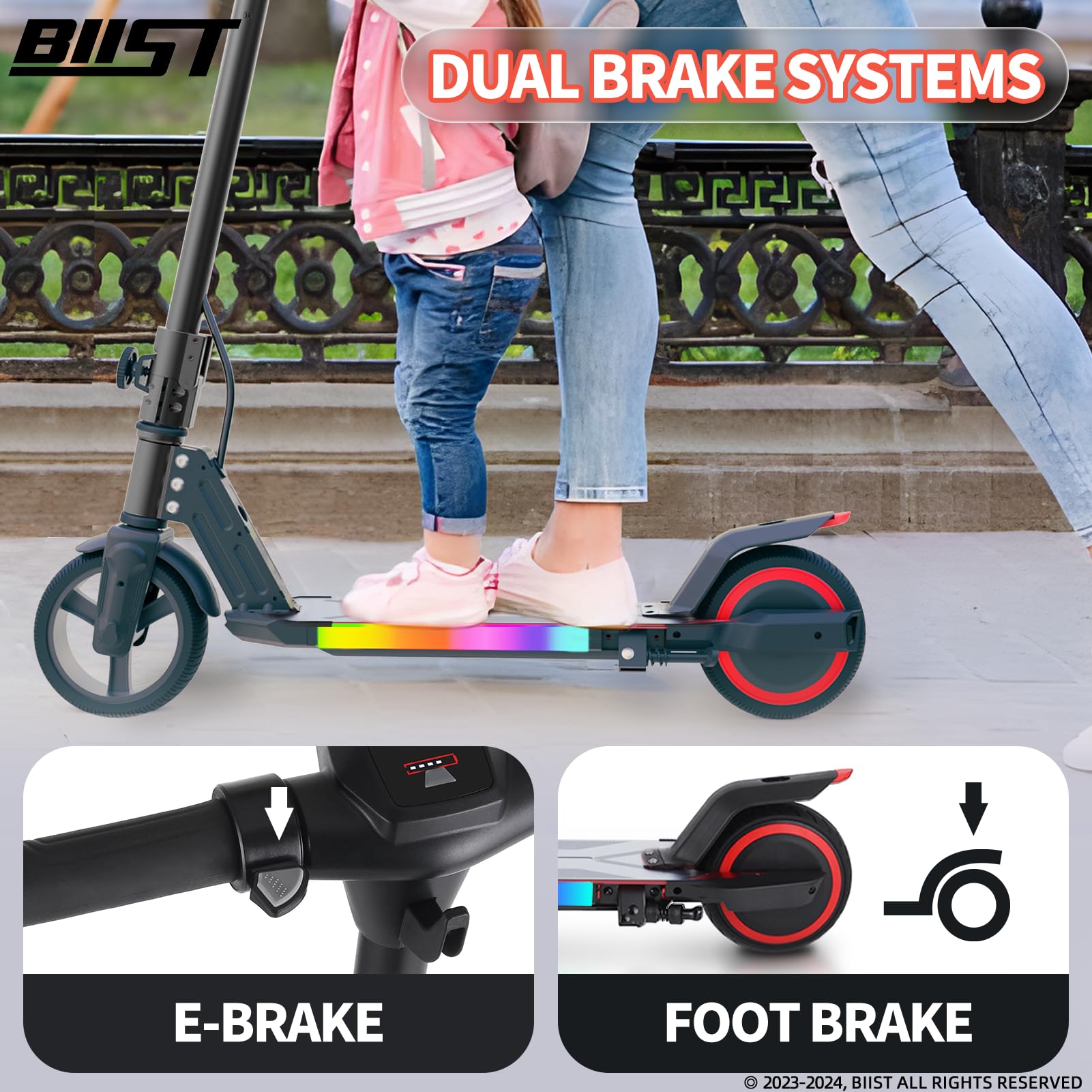 Patinete eléctrico plegable negro para niños, con luces de cabeza LED, luces de barra frontal brillantes, luces brillantes en el pedal, pantalla LED, motor de doble freno de 150 W, scooter 7