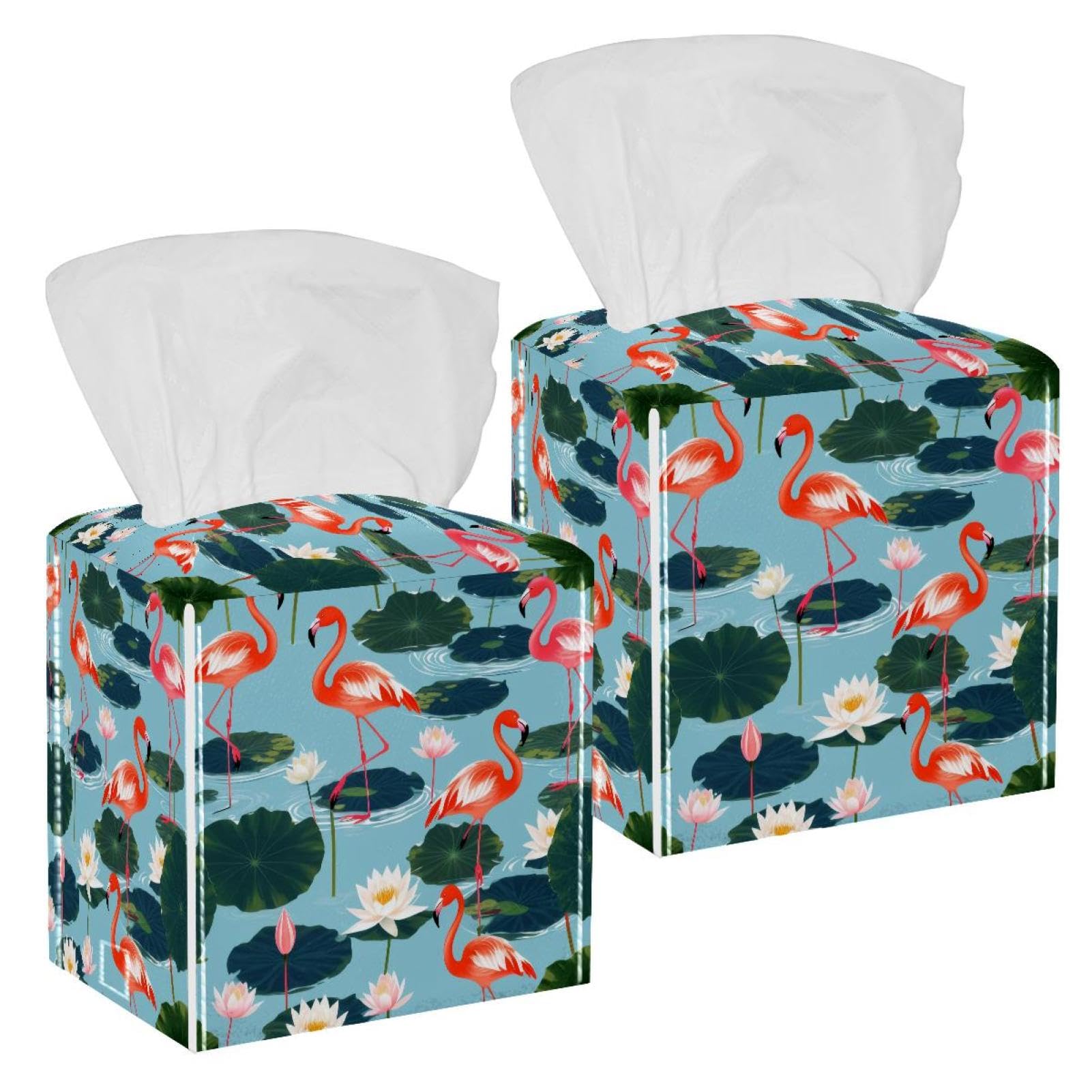 Flamingo Tissue Box Cover, 2 Pack PU Leather Square Facial Tissue Dispenser Box holder for Home Office Car