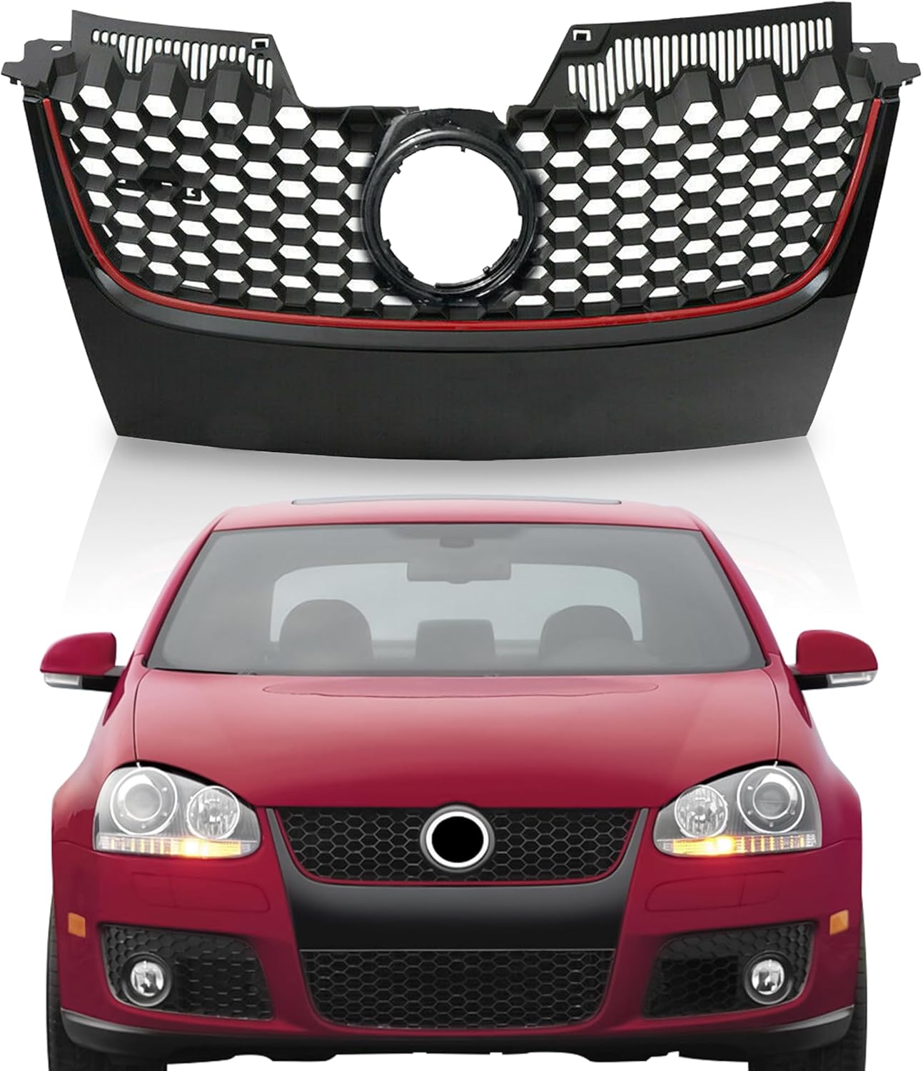 PartsFlow Glossy Black Badgeless Hex Mesh Grill Grille For 2006 2007 2008 2009 Volkswagen MK5 JETTA GLI GTI