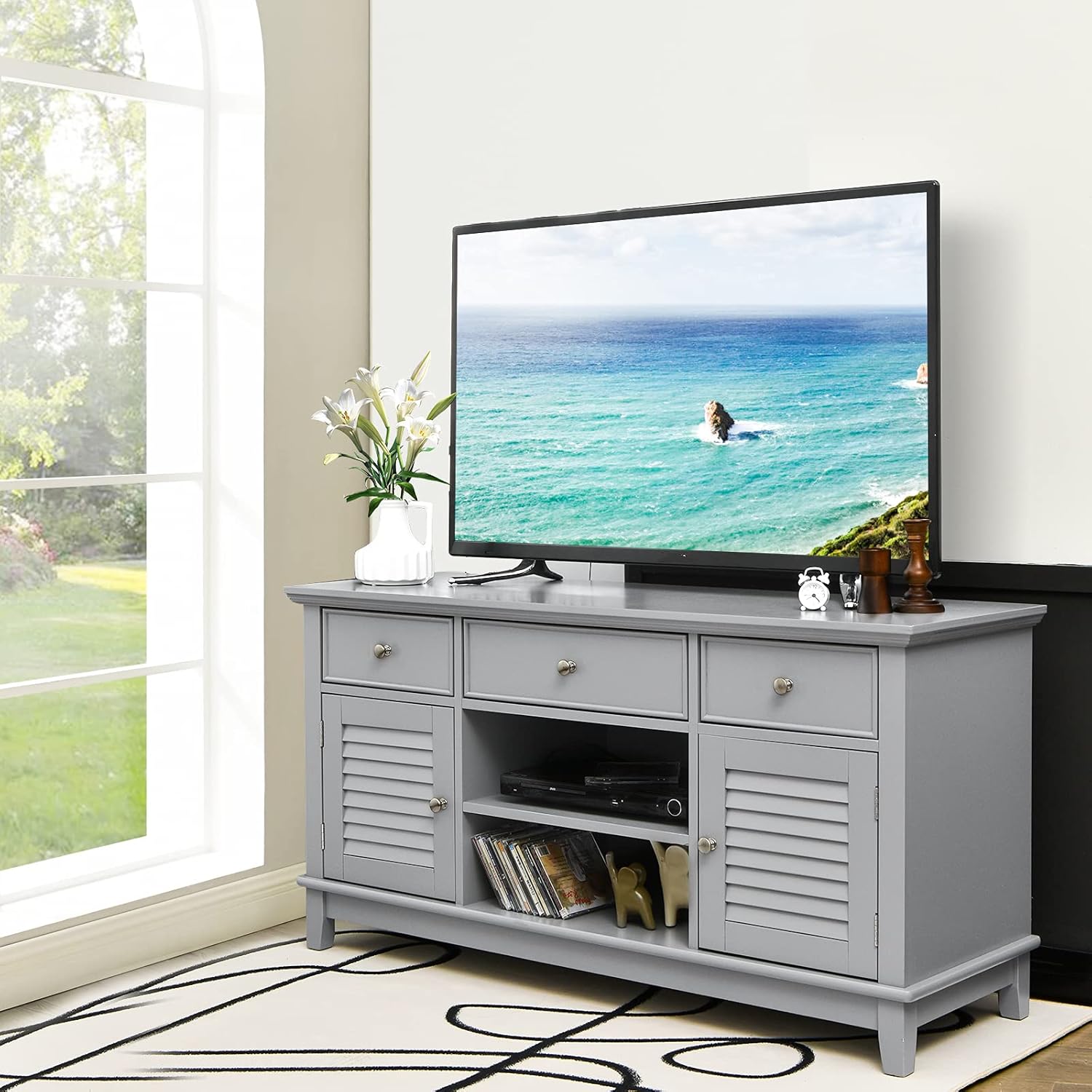 Tangkula Wood TV Stand with 3 Drawers & 2 Shutter Door Cabinets, TV Console Table for TVs up to 55 Inch, Entertainment Center with Cable Holes & 2-Tier Open Shelf, TV Cabinet for Living Room (Grey) : Home & Kitchen