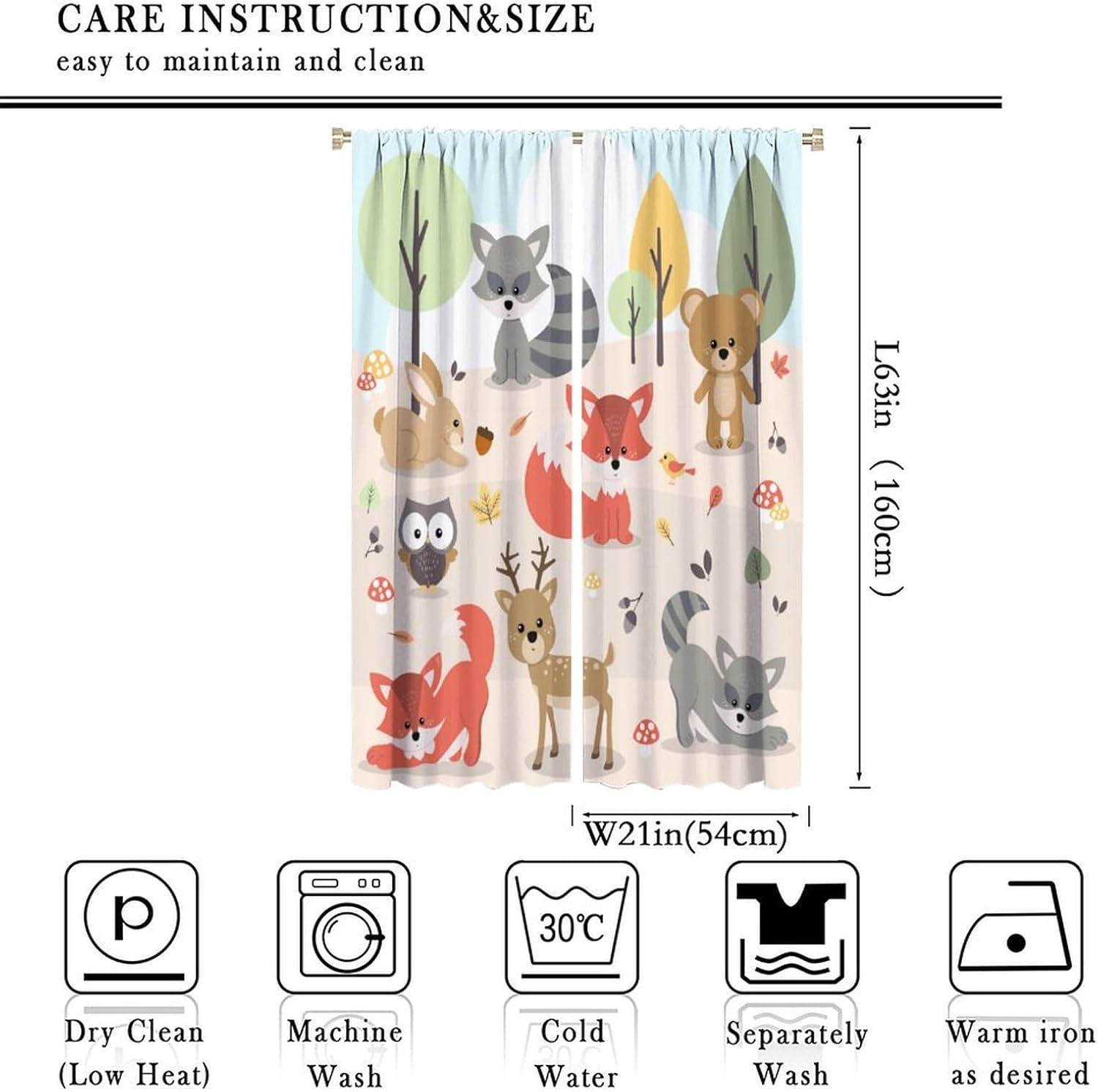 Kids Cartoon Forest Animal Curtains, Cute Woodland Animal Window Treatments for Bedroom Fox Bear Deer Bunny Bird Rabbit Blackout Window Drapes for Girls Boys Nursery Living Room 42x63in