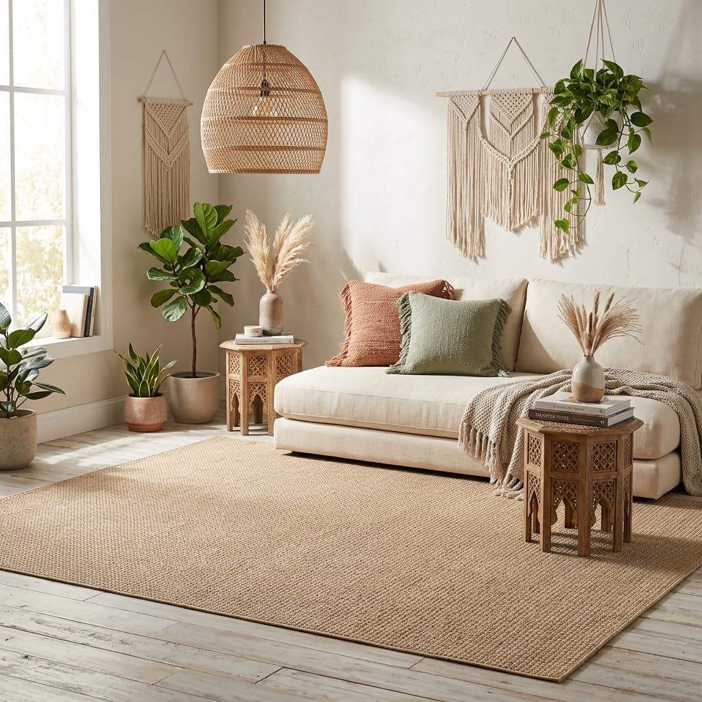 Tapis XL Intérieur Extérieur Aspect Jute Tissé Plat, Résistant et Facile d'Entretien, pour Salon, Chambre, Salle à Manger, Terrasse, Balcon et Jardin, Style Naturel et Moderne (Beige , 240x340 cm)