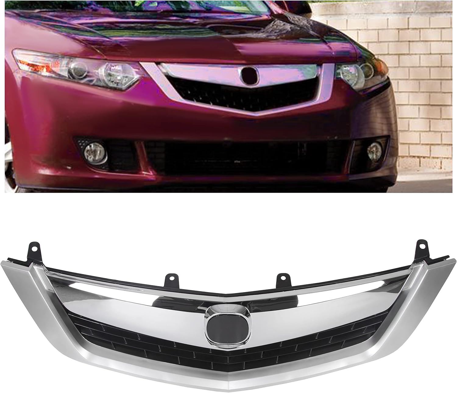 ECOTRIC Front Grille Compatible With 2009-2010 Acura TSX 2010 2009 Chrome Bumper Mesh Grille Cover Molding Vent Hood Trim Grill ABS Plastic With Silvery