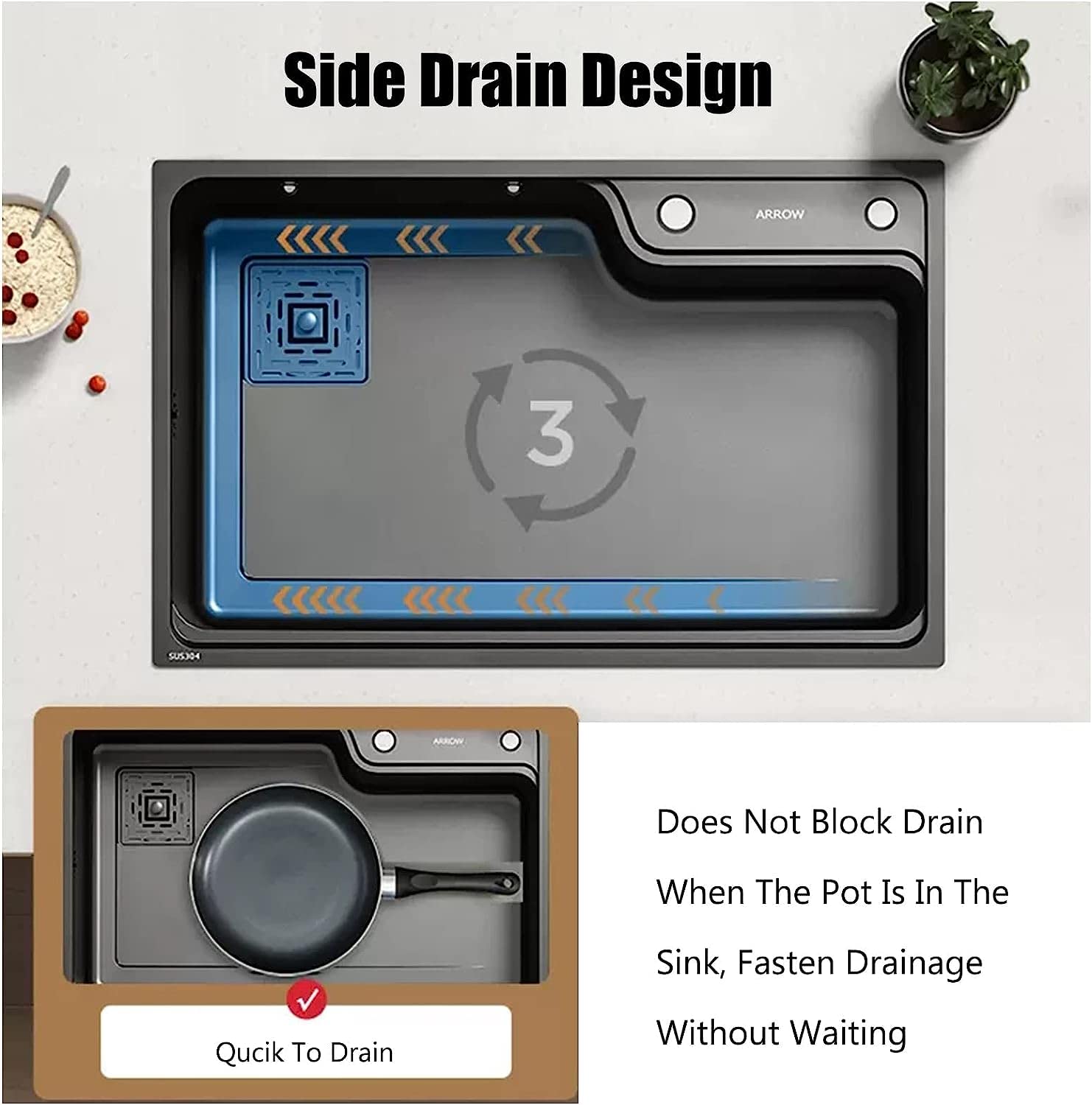 Fregadero de Barra de Cocina Negro Grande con Grifo extraíble, escurridor y Kits de instalación, Fregadero de Cocina de un Solo tazón de Acero Inoxidable 304 Grueso con nanorrevestimiento (t