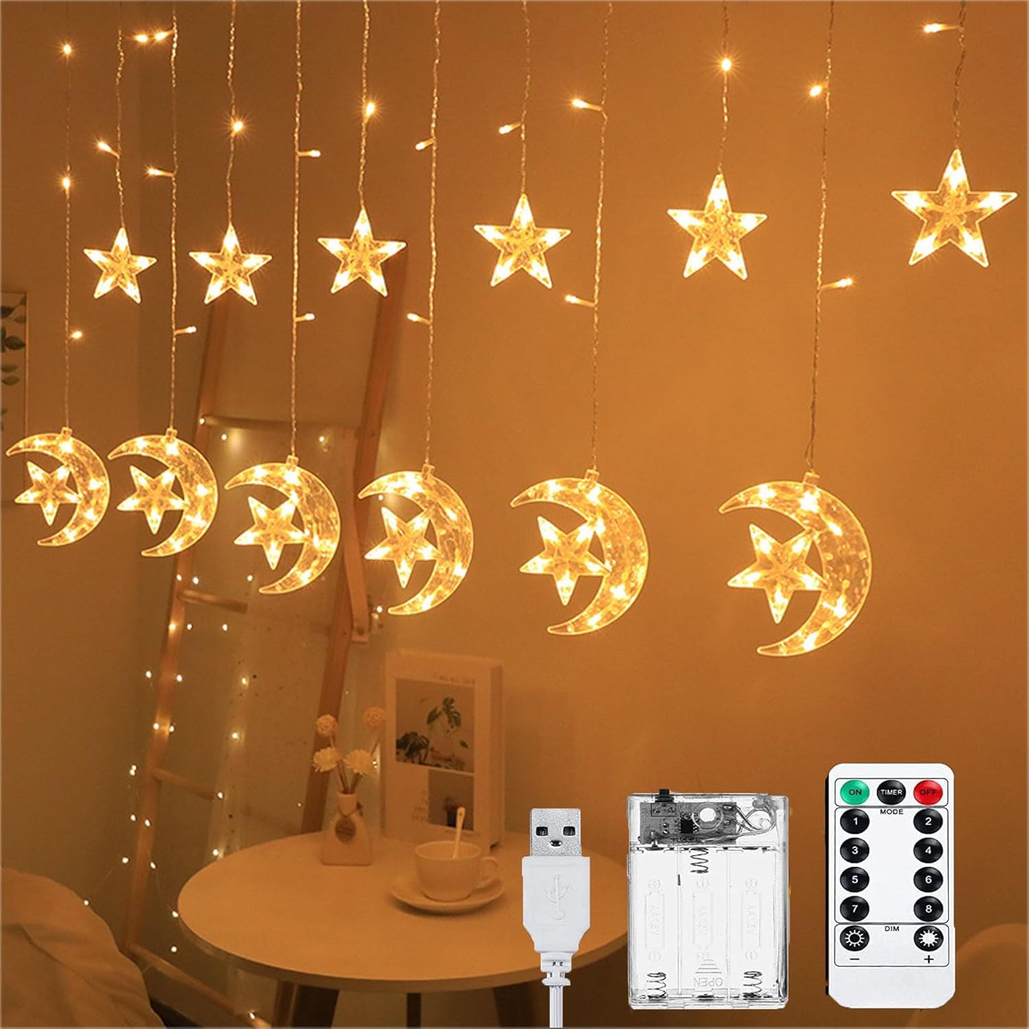 Lypumso Luces de Navidad LED, 3.5m Cortina de Luces Navidad Estrella Luna, 120LEDs Luces Navidad Ventana IP44 Pilas/USB con Control Remoto, para Decoracion Navidad, Fiesta, Ventana, Balcón, Jardin