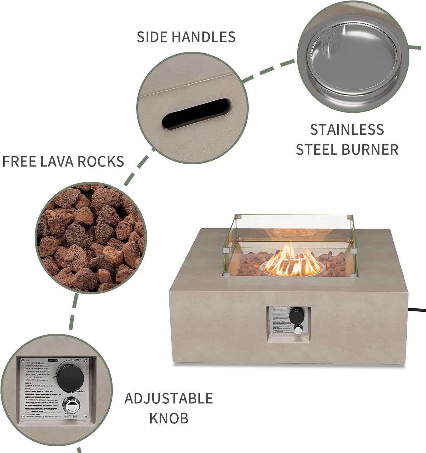 COSIEST 35-inch Square Outdoor Sandstone Propane Fire Pit w Wind Guard and Side Table, Certified, 50,000 BTU Stainless Steel Burner, Free Lava Rocks and Rain Cover, Metal Lid(Gray)