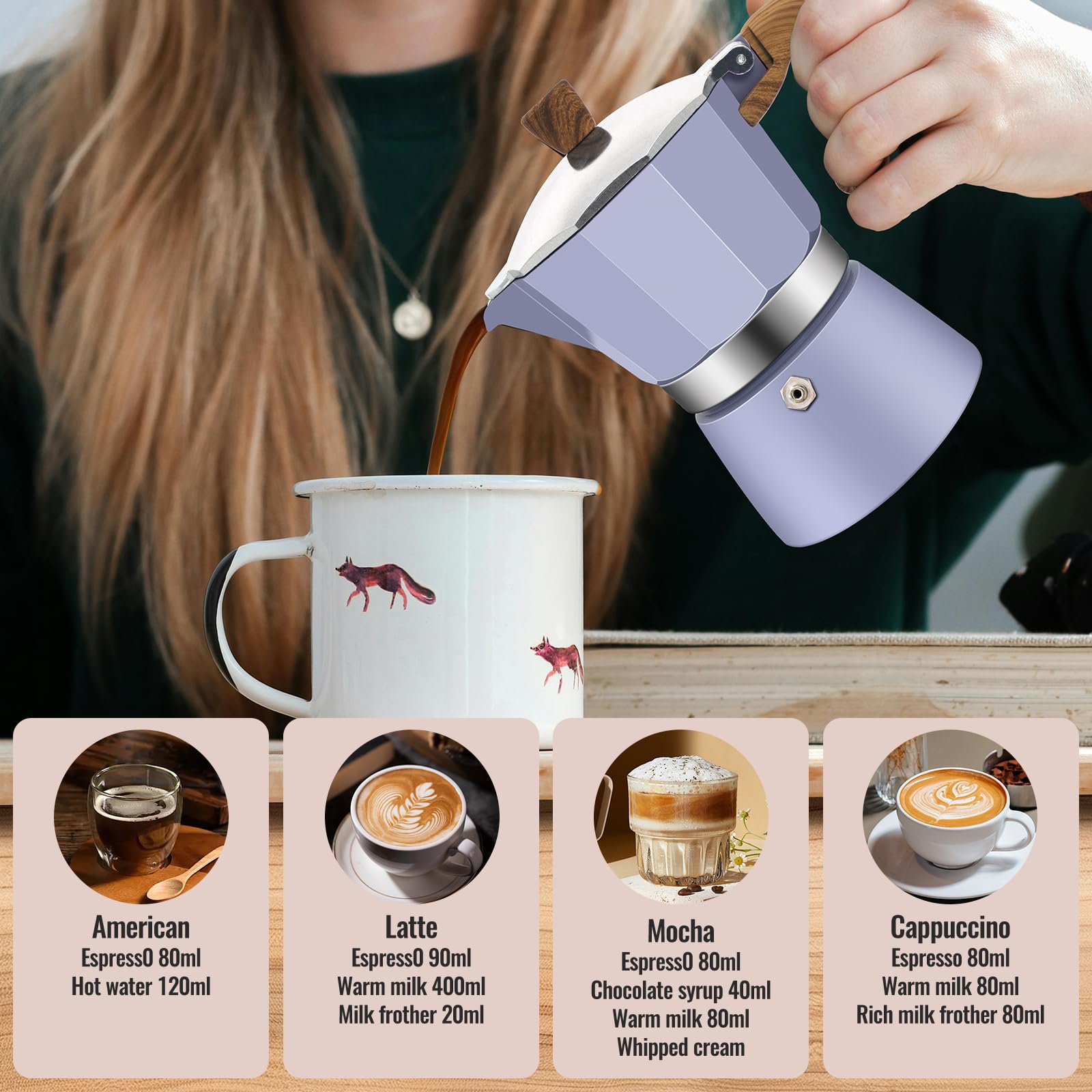 Cafetera moca clásica de aluminio para 3 tazas, 150 ml, cafetera, percoladora, cafetera Mocha Express, cafeteras preferidas para café italiano y cubano, color morado