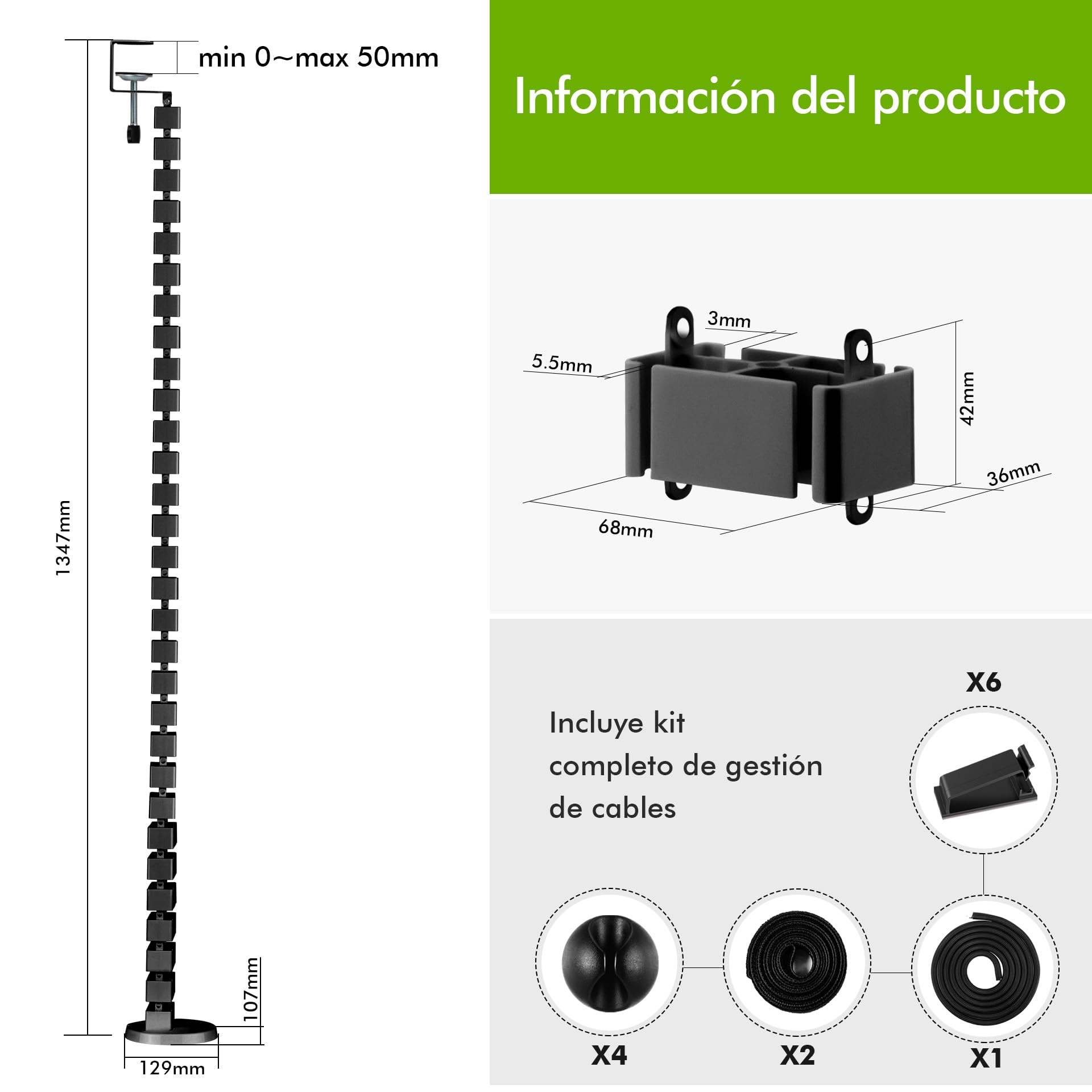 Mimoke Guía de cables de montaje con abrazadera para escritorio regulable en altura Longitud flexible del conducto de cables 1347mm Gestión de cables angular Kuba Slim montaje con abrazadera Negro