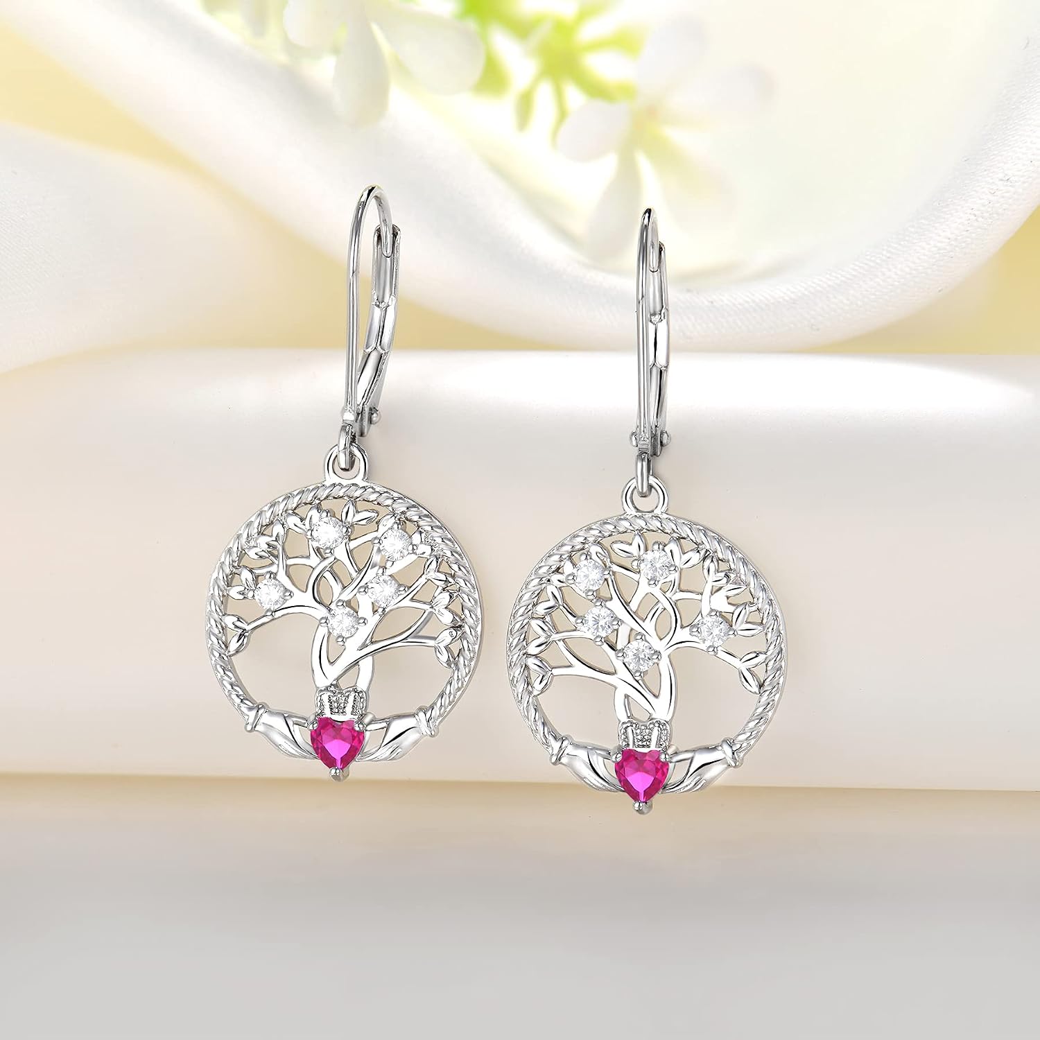 JO WISDOM Women Celtic Heart Claddagh Earrings,925 Sterling Silver Tree of Life Yggdrasil Drop & Dangle Leverback Earrings with 3mmx3mm Heart Cut 5A Cubic Zirconia