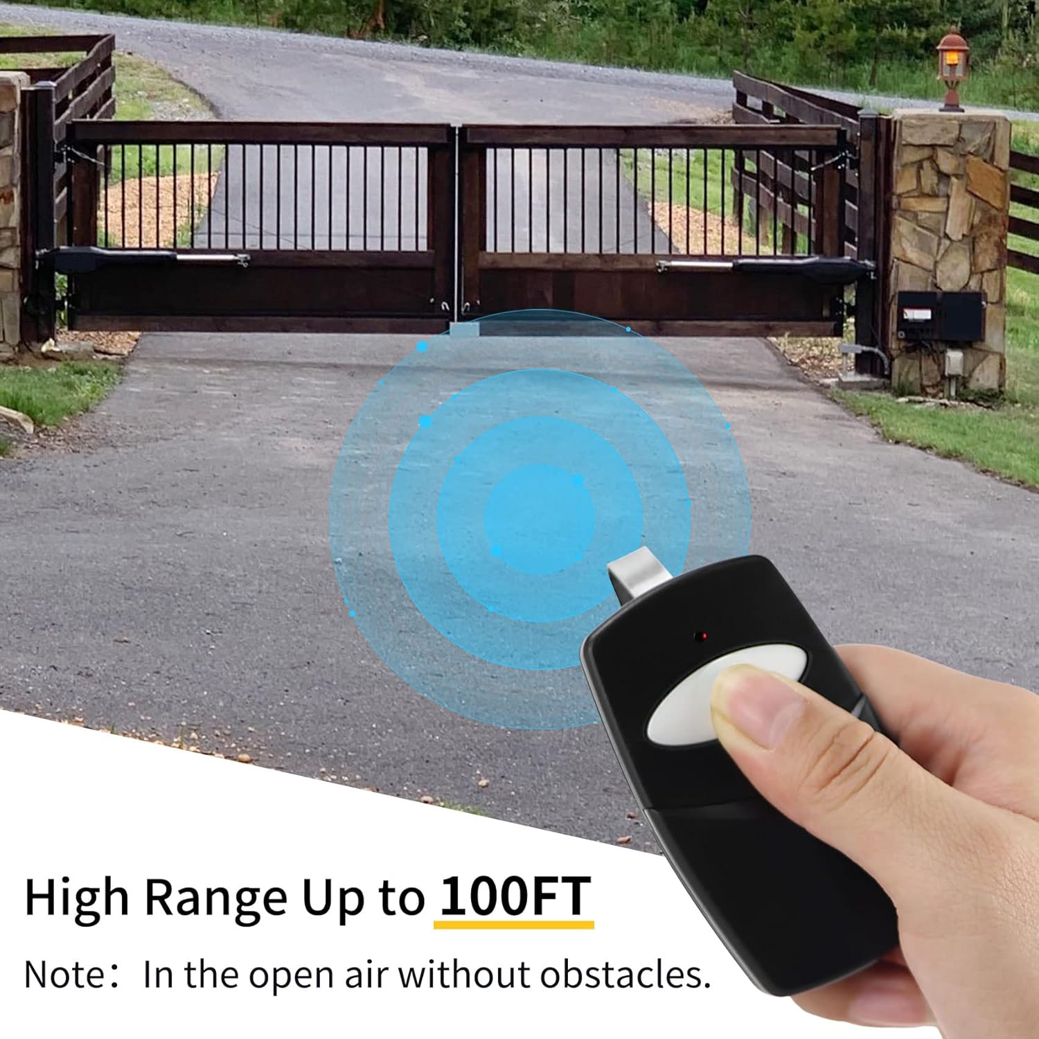 Cooouds 3089 remote control being used to open a gate, showing signal range
