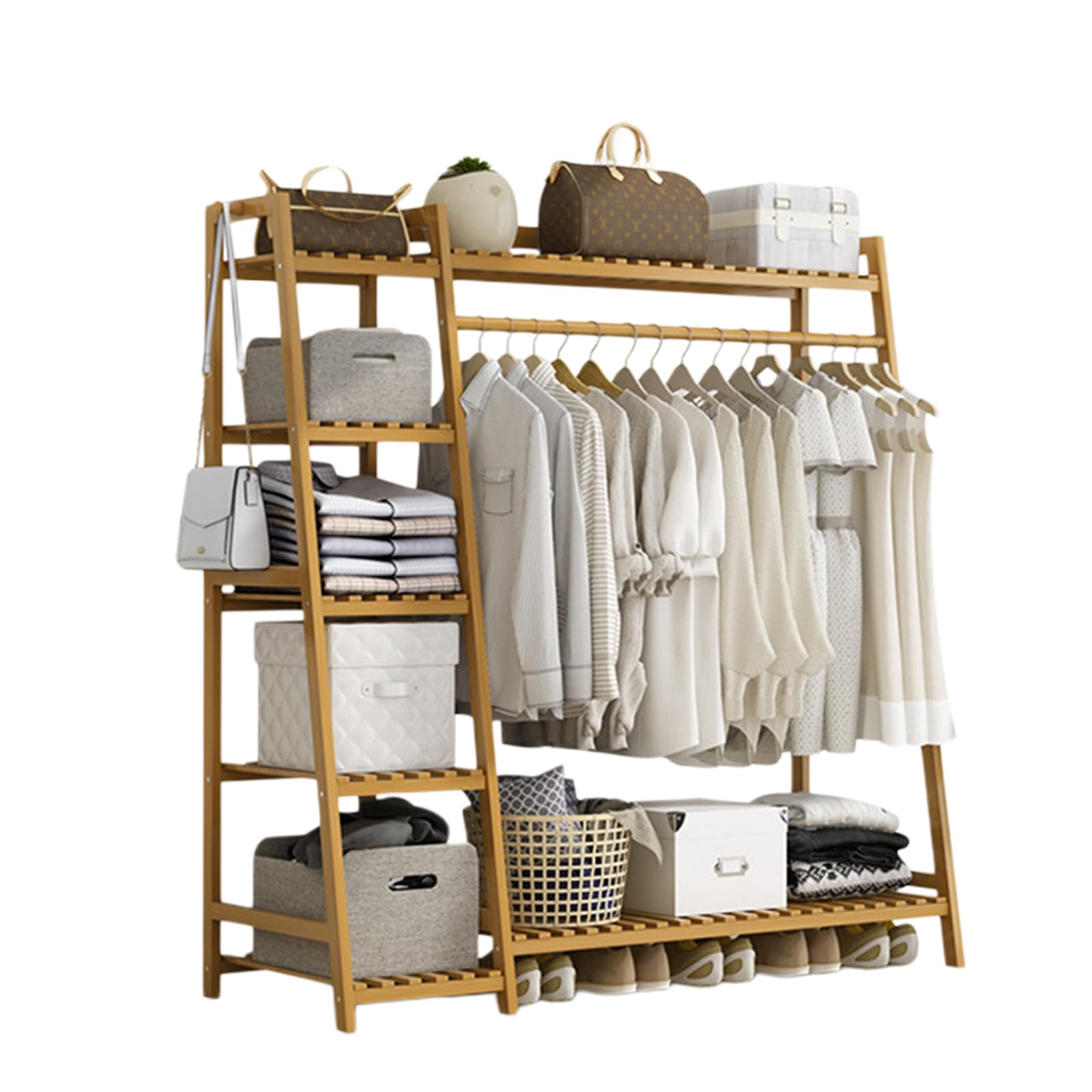 Bamboo Garment Rack, Clothes Coat Hanging Rack Hall Tree Storage Shelves Closet Organizer Shoe Rack Free Standing Wardrobe Storage for Entryway Living Bedroom Office Storage
