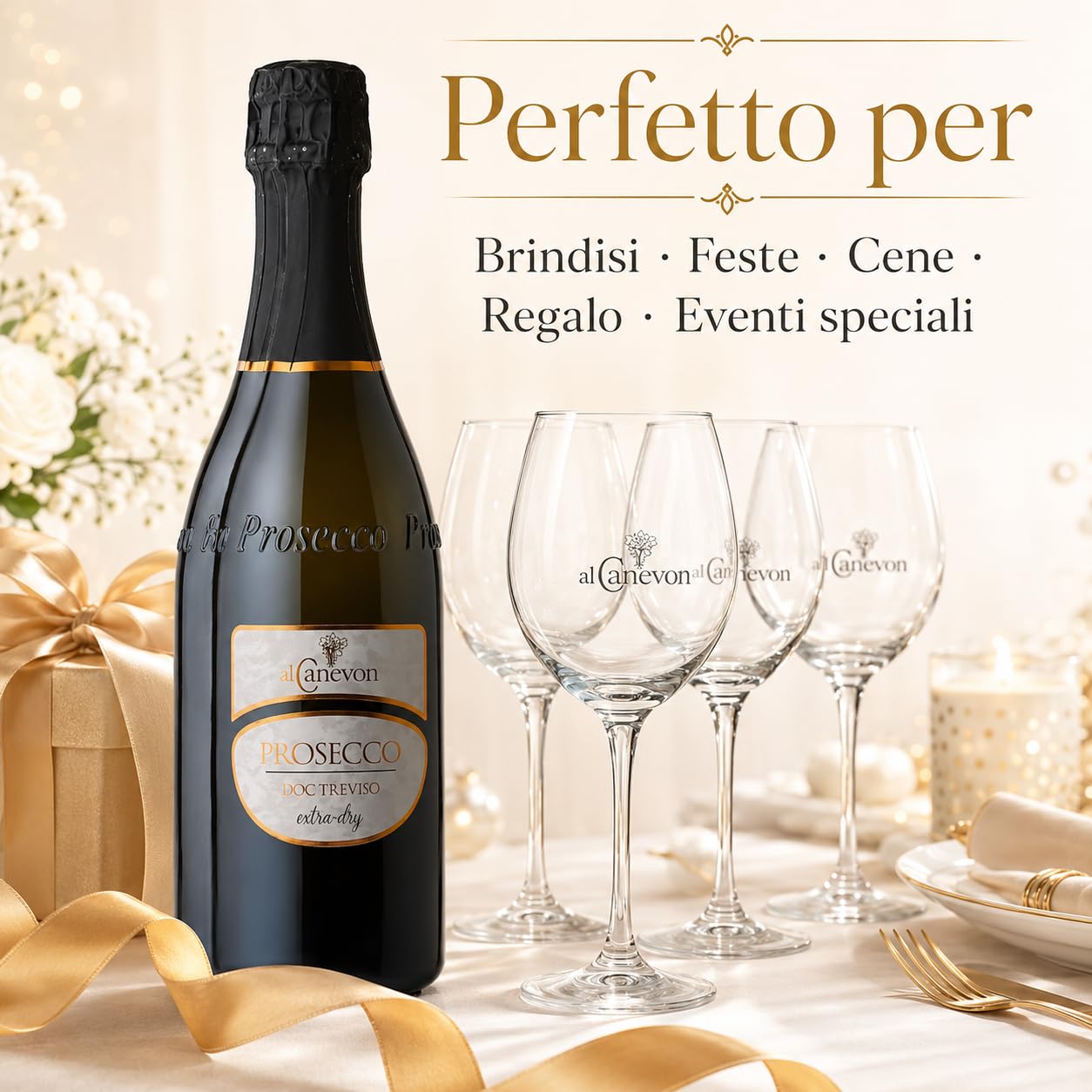 Prosecco DOC Treviso Extra Dry Al Canevon – Confezione 6 Bottiglie da 750 ml con 6 Calici Omaggio – Vino Spumante Italiano, Ideale per Aperitivo, Brindisi e Regalo
