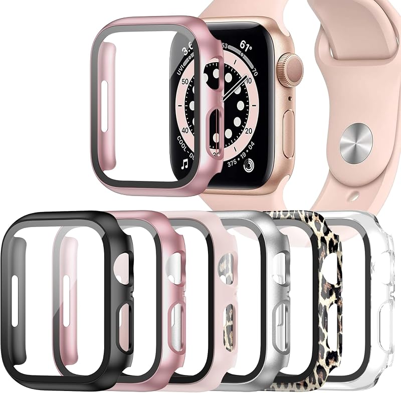 Paquete de 6 fundas para Apple Watch 44 mm SE 6/5/4 con protector de pantalla | Cubierta dura de PC con película de vidrio templado táctil de alta respuesta HD, parachoques protector completo a prueba de rayones para iWatch