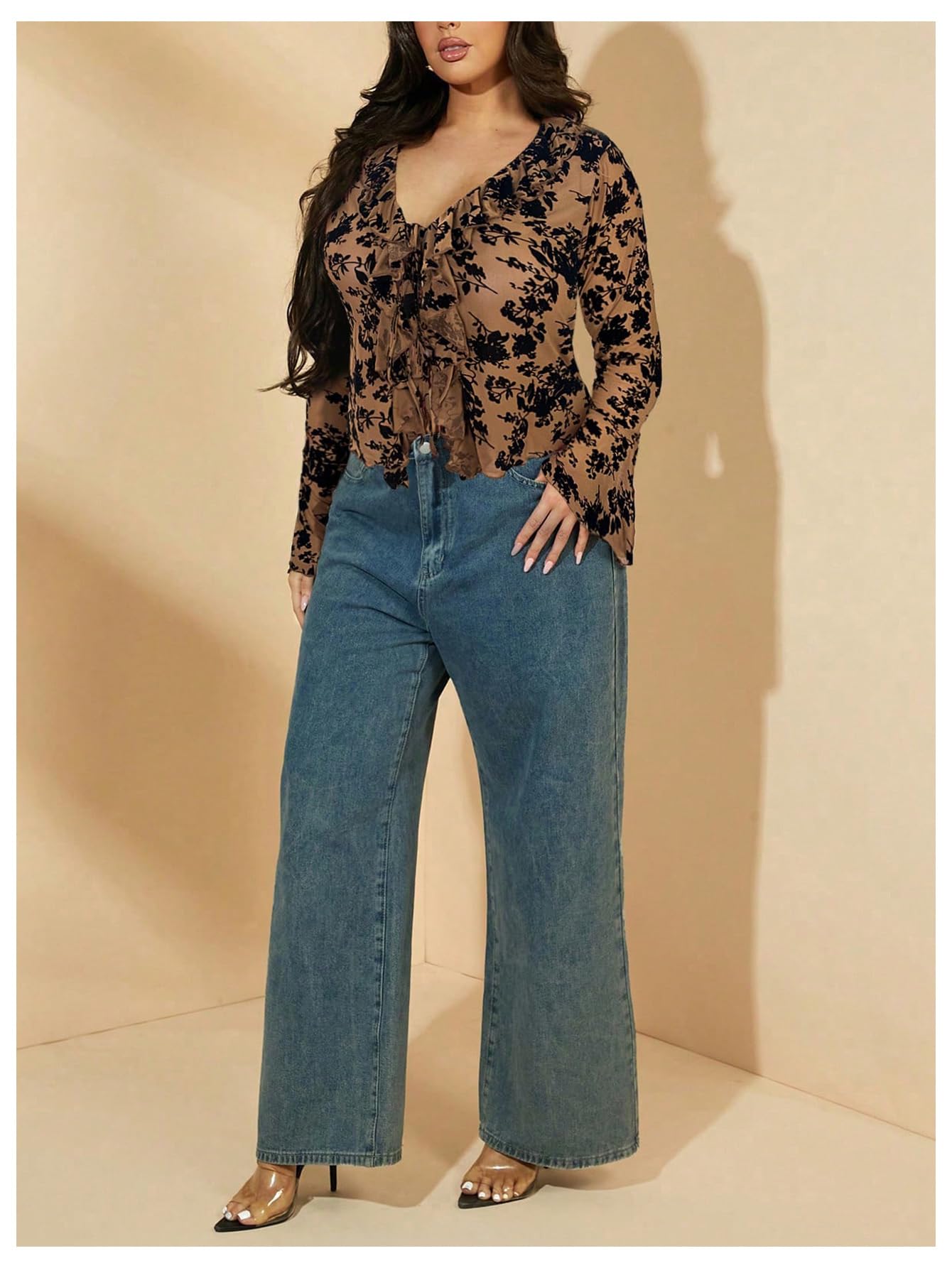 WDIRARA Women's Plus Size Floral Lace Sheer T Shirt Tie Front Long Bell Sleeve Tee Going Out Tops: 4X-Large Plus Brown