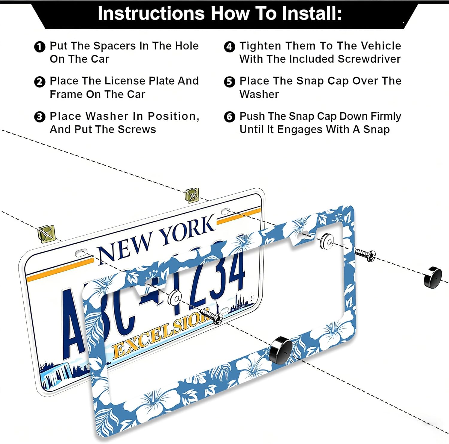 2 Pcs Blue Hawaiian Hibiscus Flowers License Plate Frames - 2 Holes Stainless Steel Metal Auto Car Accessories Decoration License Plate Frame Cover Size 6.3" x 12.2" Fit US Vehicles for Women Men Gift