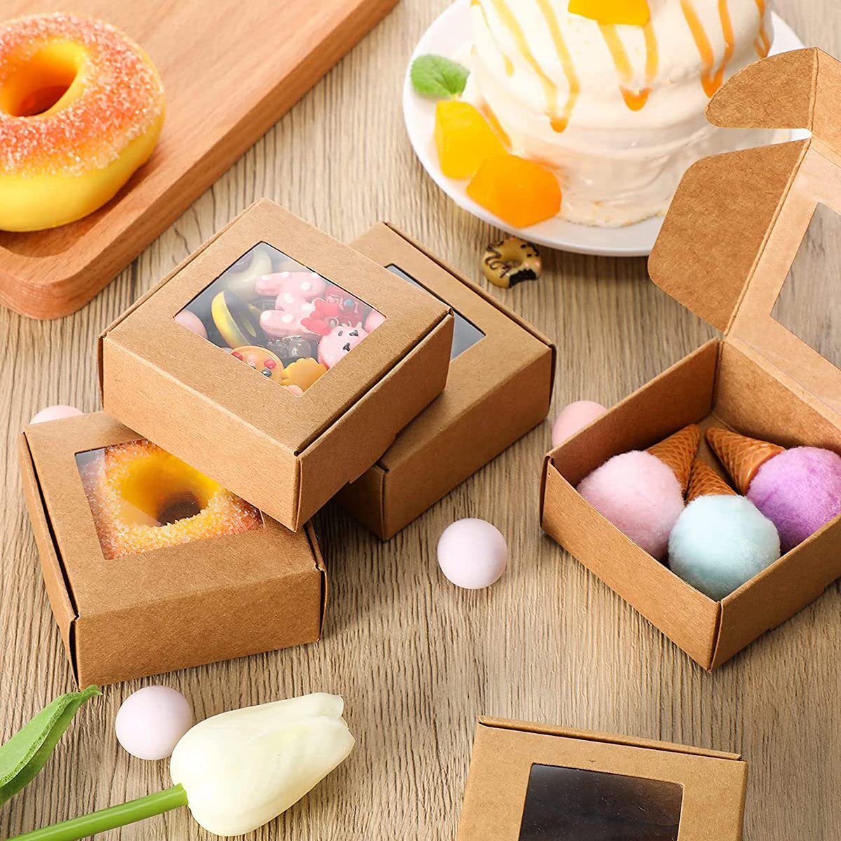 Tavrolet 50pcs Mini Kraft Paper Gift Box with Clear Packaging Box Treat Box for Wedding Paper Kraft Boxes Treat (Brown - Image 4