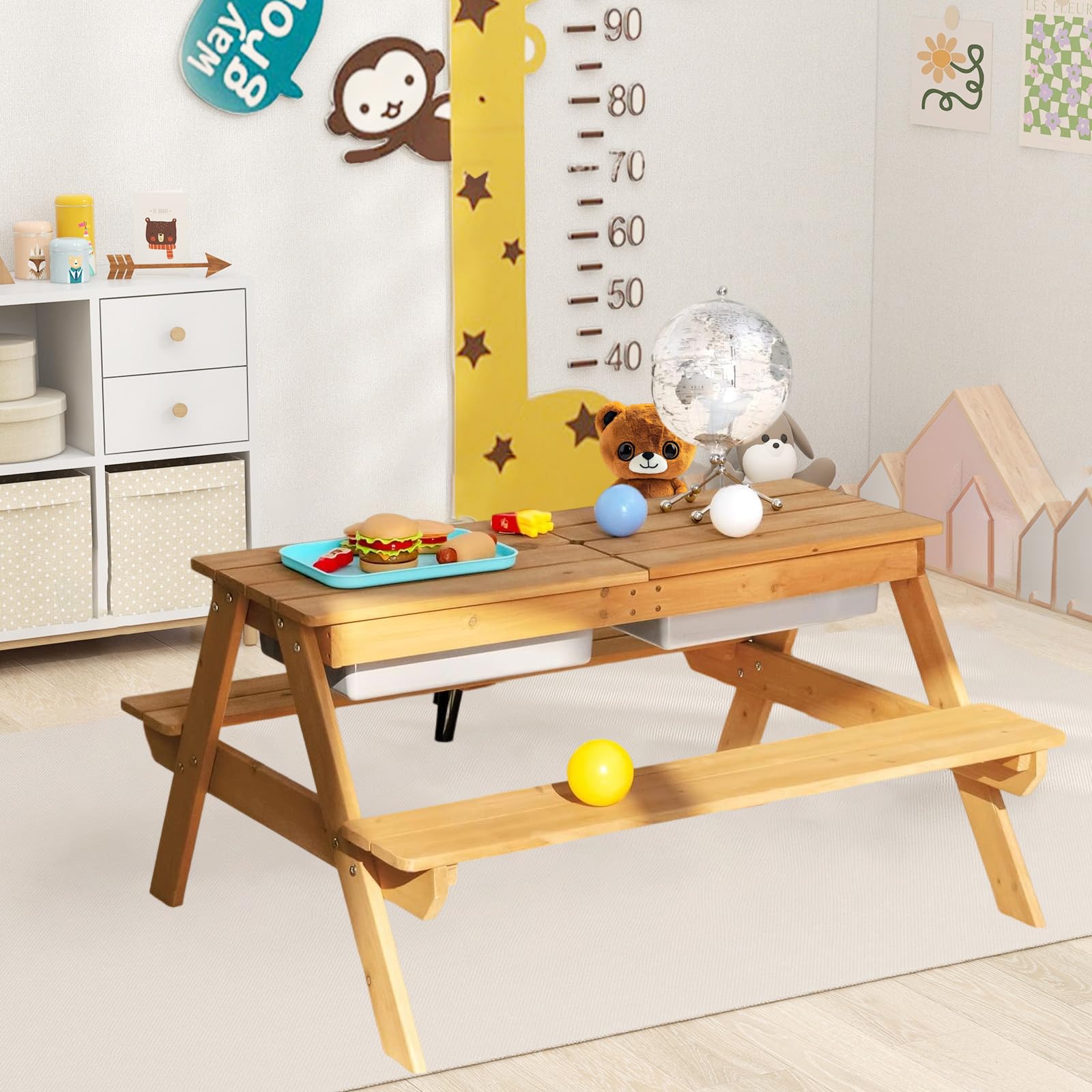 UJOYPAYD 3-in-1 Picnic Table,Sand and Water Table with Height Adjustable Umbrella,Removable Tabletop, Kids Outdoor Tables & Chair Set, Picnic Table for Toddler, Patio, Backyard (Yellow & Green & Blue)