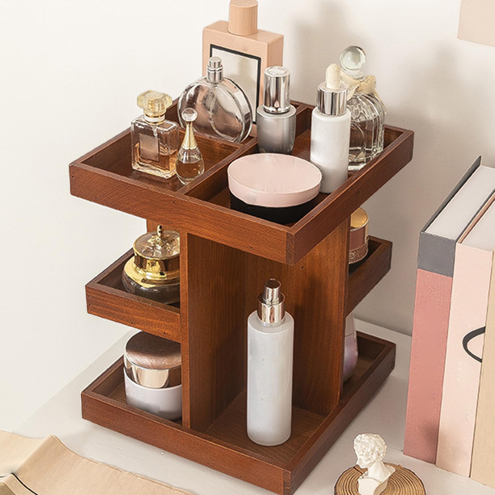 Organizer Trucco Girevole Espositore In Legno Stile Rustico | Organizer girevole portaprofumi e trucchi Articoli Toeletta Cosmetici Profumi Cura Pelle Casa Bagno Camera Piano Appoggio