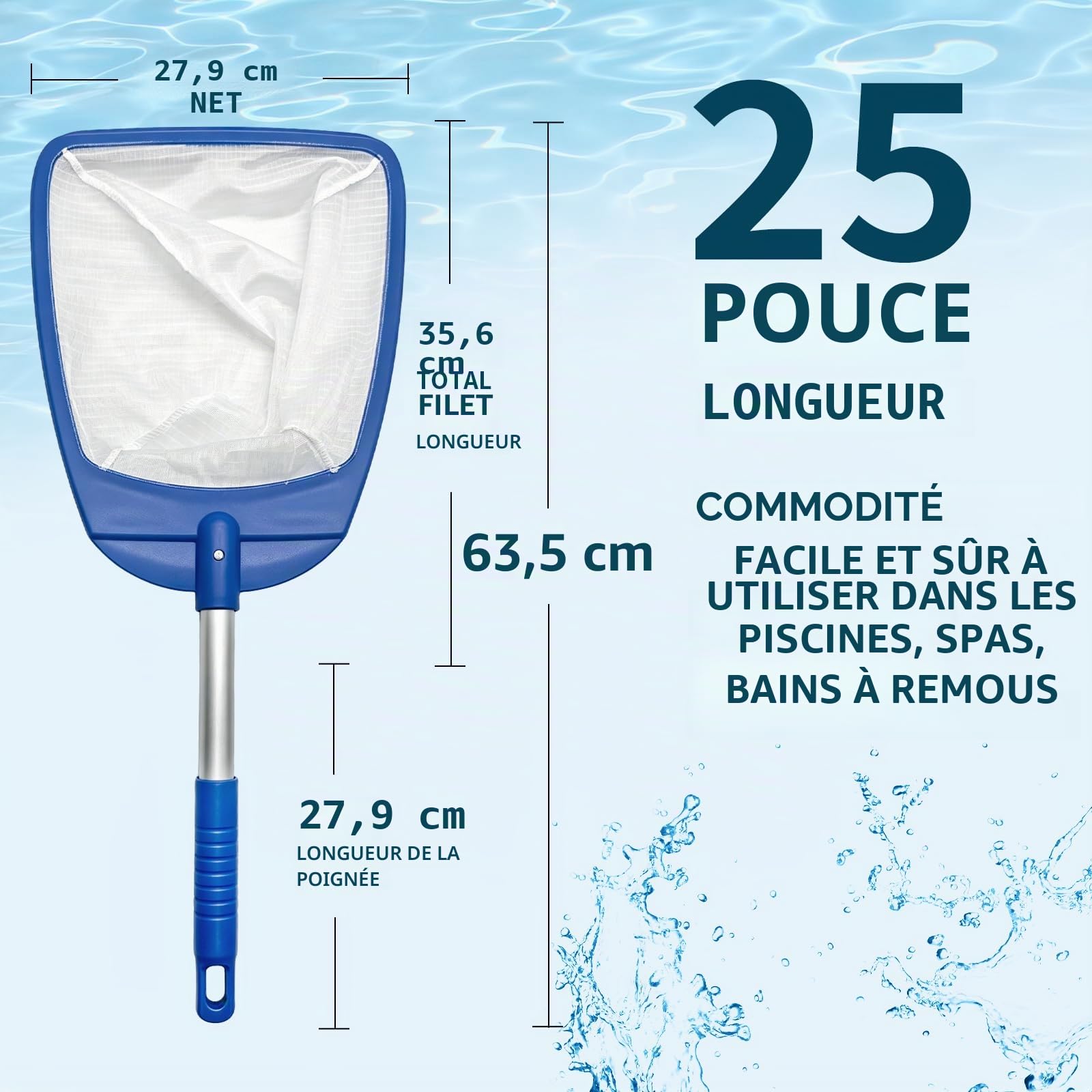 POOLIFE Épuisette de piscine avec poignée, filet à mailles ultra fines