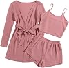 Milumia Womens 3 Piece Waffle Pajama Set with Robe Cami Top and Shorts Loungewear Set