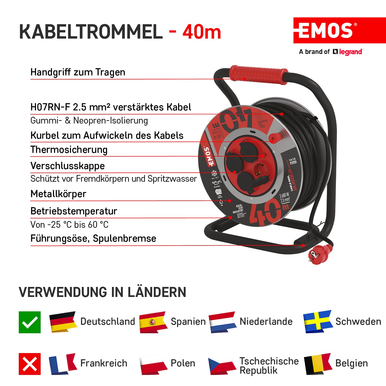 EMOS tambor cable 40 m acero, 4 Schuko, 230 V 16 A 3680 W, goma H07RN-F 2.5 mm², IP44, resistente agua, golpes, aceite, intemperie