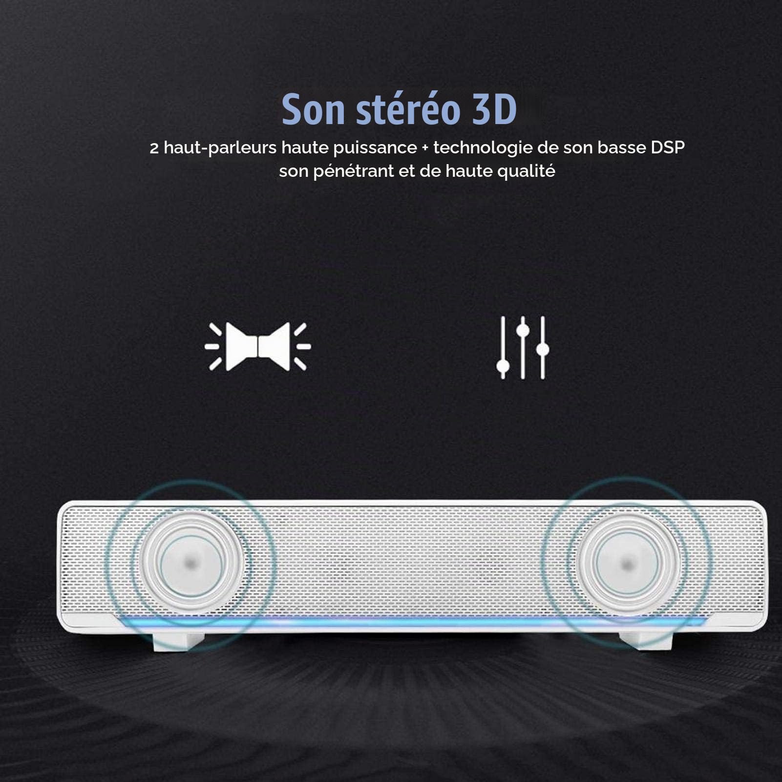 Barre de Son stéréo Filaire USB 3D avec lumière respiratoire à LED Bleue pour Haut-parleurs de télévision/cinéma Maison, Jeux, projecteurs, 12 Pouces