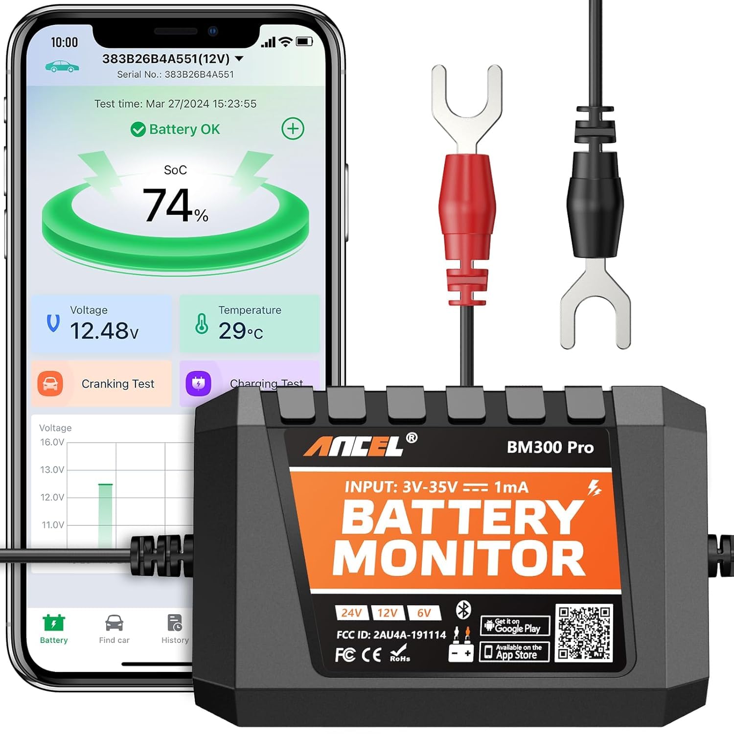 Batteriewächter 12v Mit Abschaltung ANCEL BM300 PRO Batteriemonitor – Bluetooth 5.3, IP67 Wasserdicht Für 6V/12V/24V Batterie Tester Auto