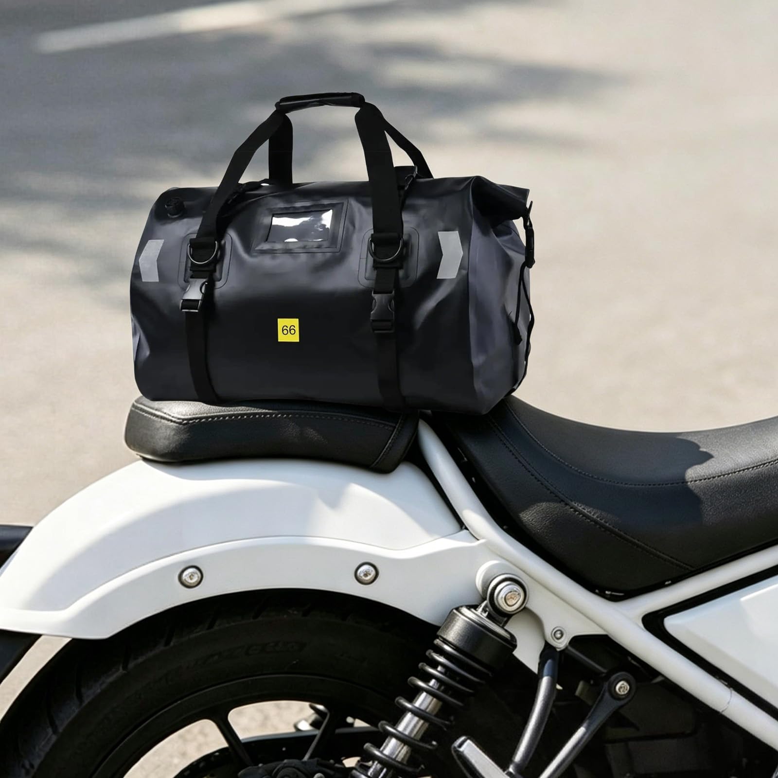 Torba motocyklowa 66 l, wodoszczelna, torba podsiodłowa (66 l) | Odblaskowa torba z PCW na podróż motocyklową, kemping i do aktywności na świeżym powietrzu