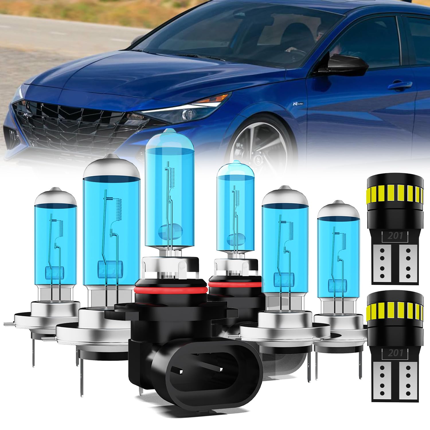 Headlight Bulbs License Plate Lights Fit For Hyundai Elantra 2018, H7 High Beam + 9005 Low Beam + H7 Fog Lights Halogen Light Bulb + License Plate Lights, Pack of 8