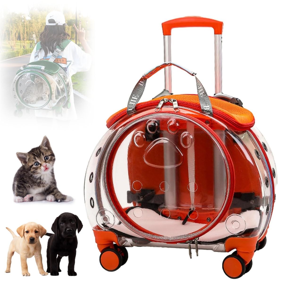 Transportín for gatos con ruedas, mochila transparente y totalmente transpirable for mascotas, mochila con carrito for mascotas, mochila de viaje portátil for gatos y perros for viajar/dar un paseo(Or