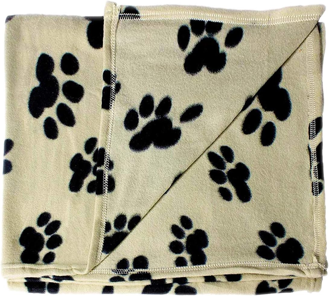 bogo Brands Large Fleece Pet Blanket with Paw Print Pattern Fabric - 60 x 39 Dog and Cat Throw (Tan & Black)