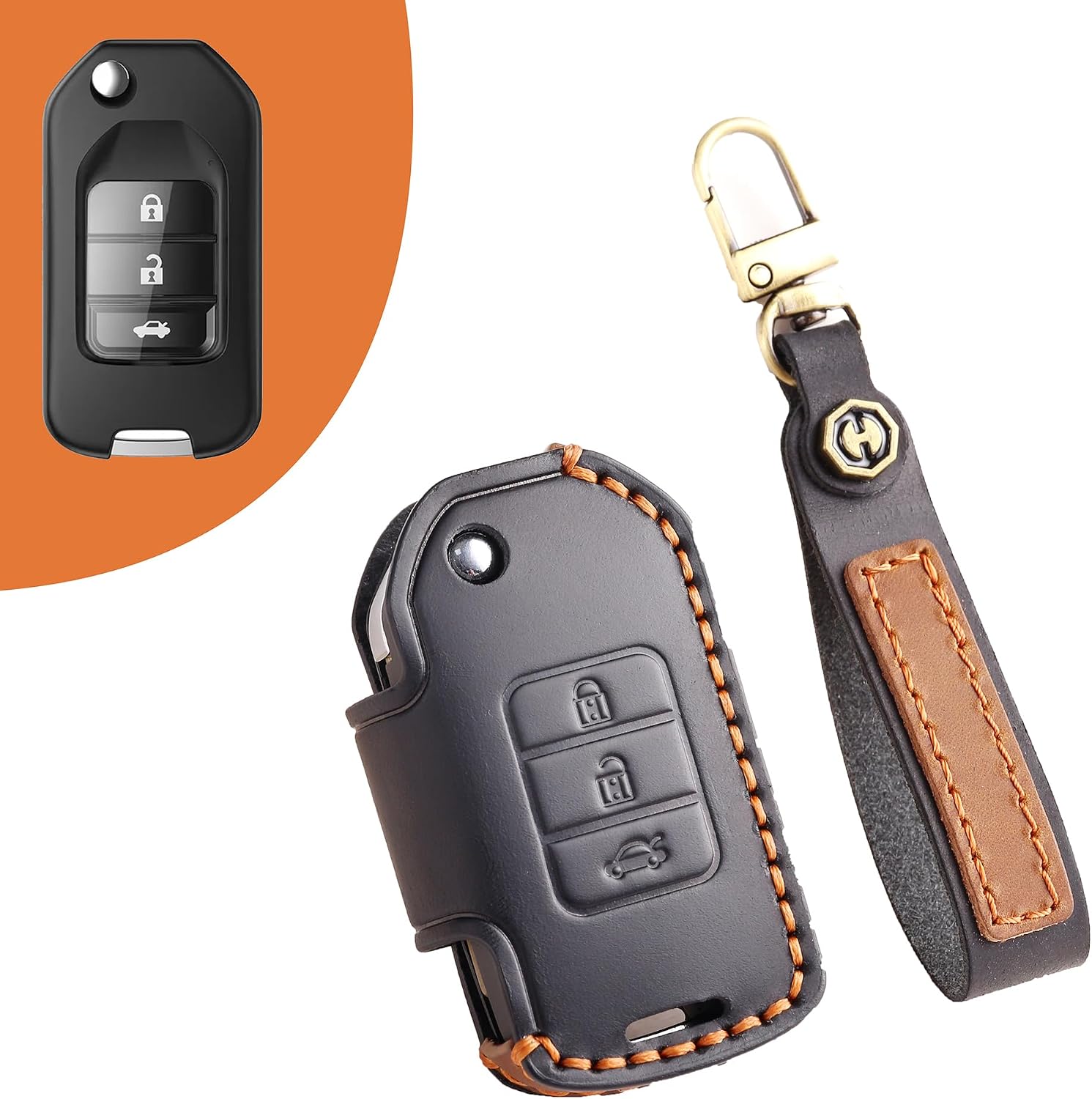 SANRILY Customized Text Keychain Holder Handmade Leather 3 Button Flip Key Fob Cover Compatible with Honda Accord Spirior CR-V HR-V XR-V City Vezel Fit Pilot Ridgeline Keyless Key Case Black