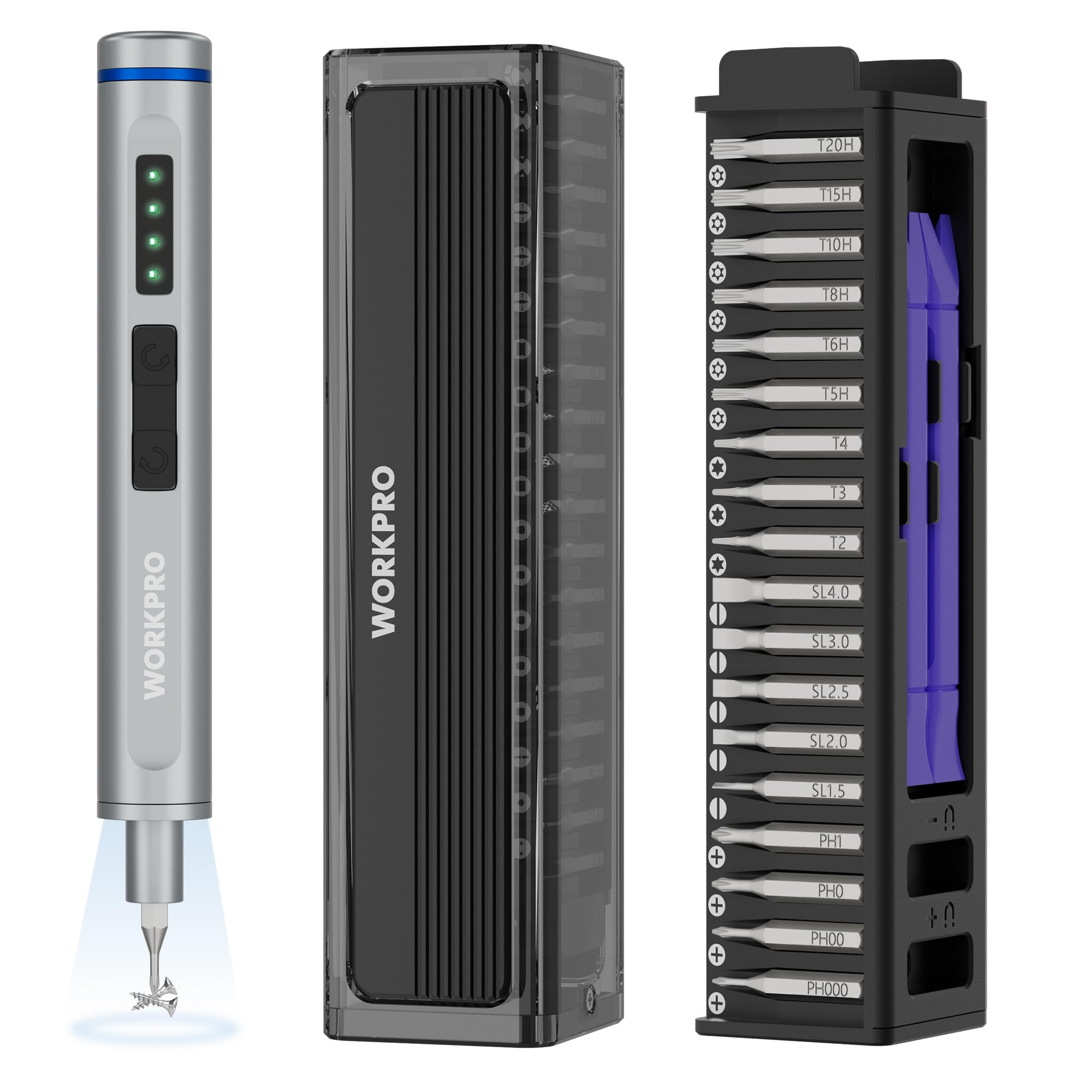 WORKPRO Tournevis Électrique de Précision 42 en 1 avec 36 Embouts | Embouts S2, Boîte Magnétique, Recharge USB Type-C, Idéal pour Téléphone, Montre et Appareil Photo