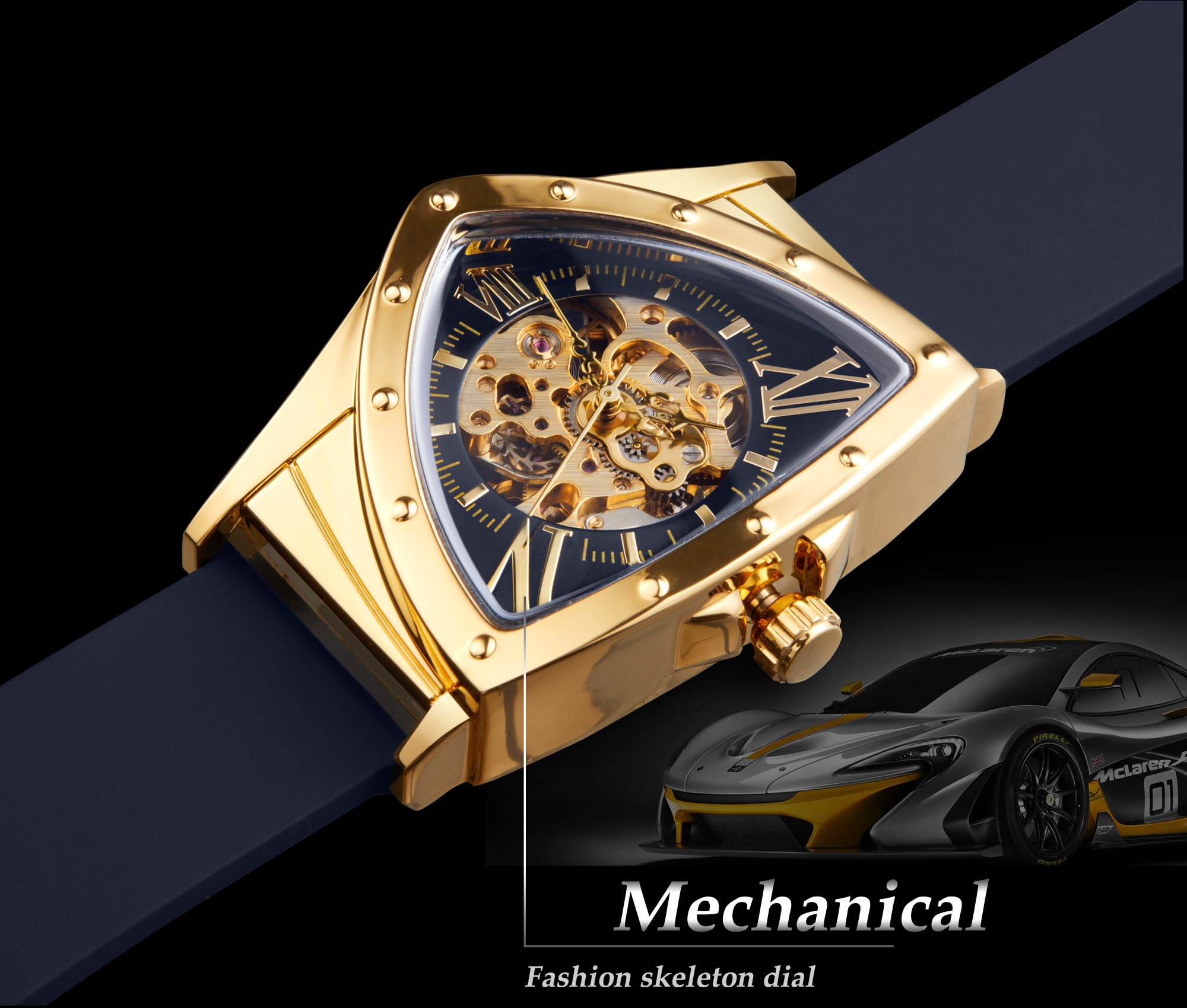 FORSINING Orologio scheletrato da uomo, meccanico automatico con quadrante triangolare, orologio luminoso a carica automatica, cinturino in silicone morbido