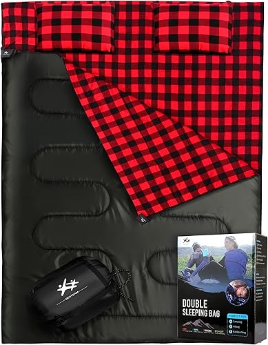BESTEAM Saco de dormir doble de franela para adultos y niños, tamaño Queen para 2 personas con 2 almohadas, saco de dormir para clima cálido y frío,