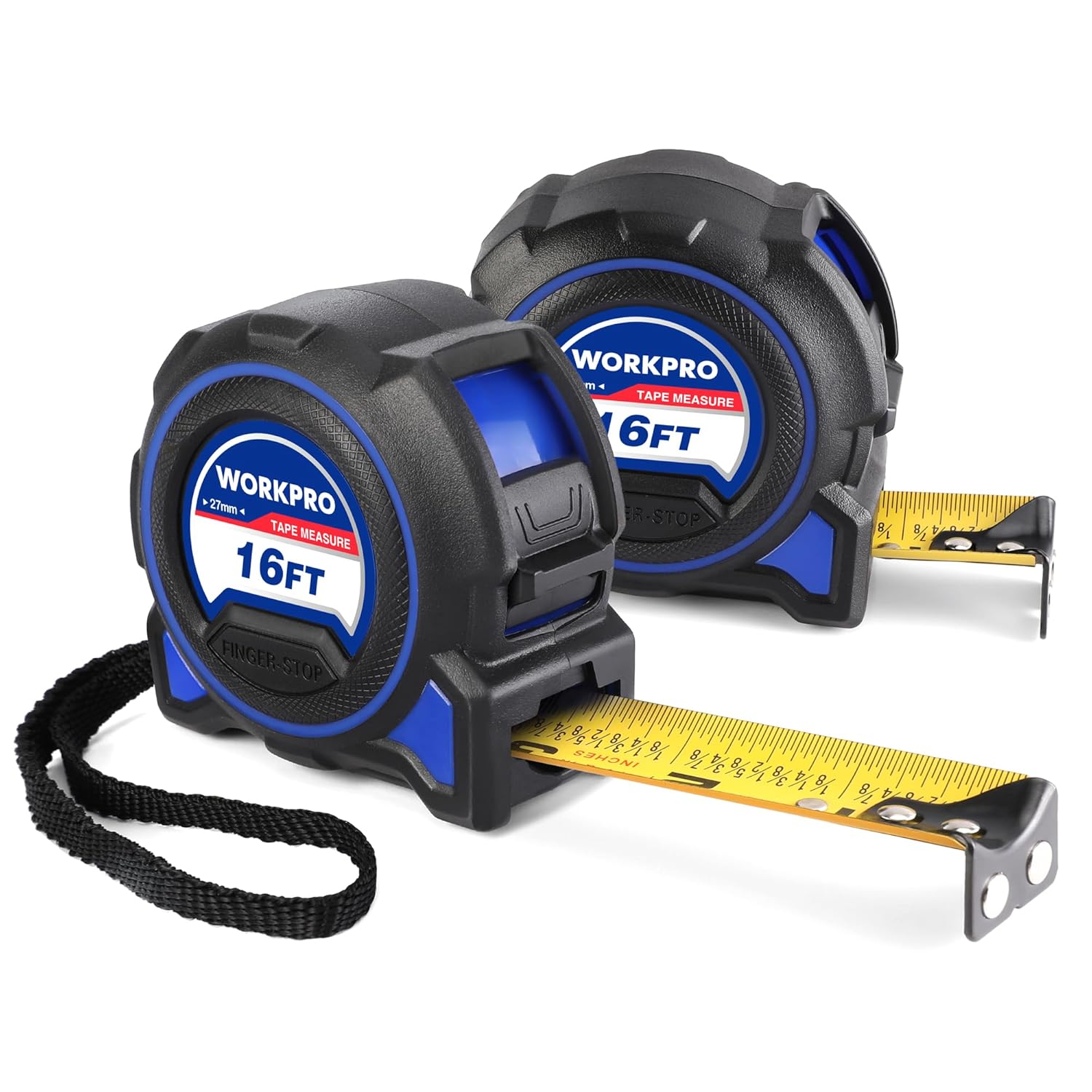 WORKPRO 16FT Tape Measure, 2 Pcs Heavy Duty Retractable Tape Measurement, Double Retract Long Stand Measuring Tape Accuracy 1/32 for Engineer, with Magnetic Hook, Belt Clip, Rubber Protective Casing