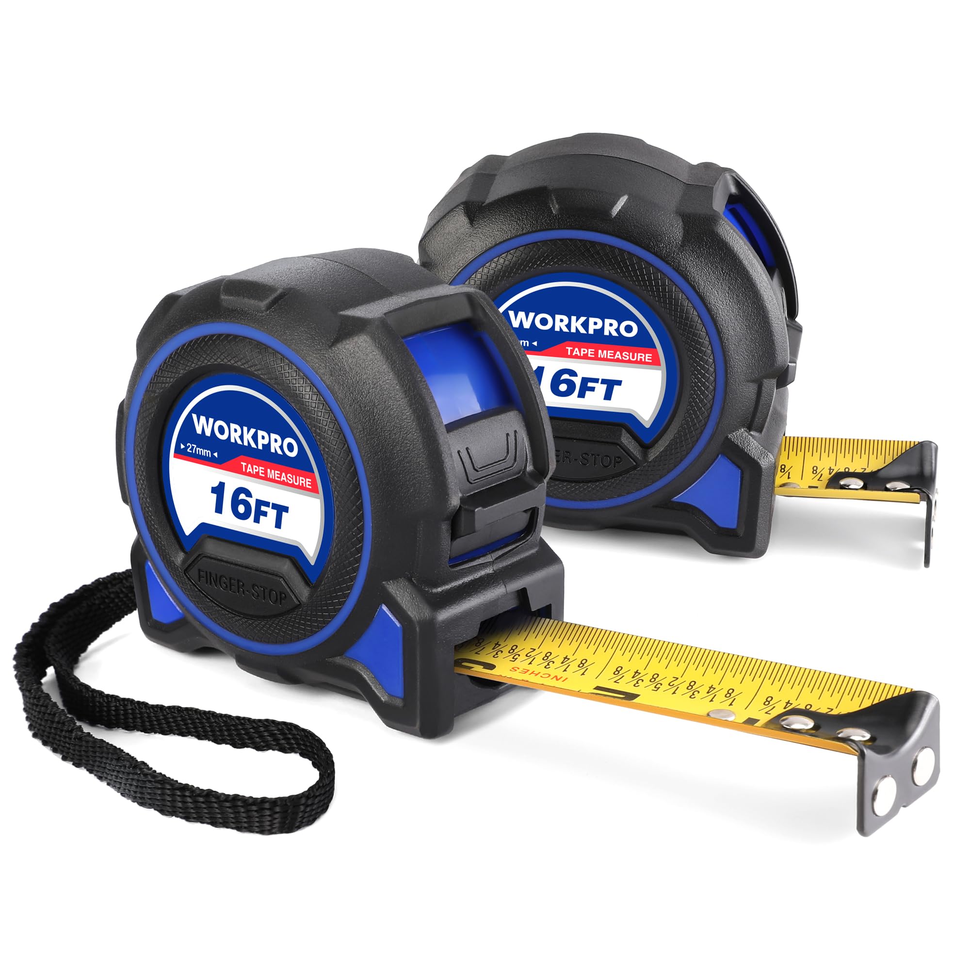 WORKPRO 16FT Tape Measure, 2 Pcs Heavy Duty Retractable Tape Measurement, Double Retract Long Stand Measuring Tape Accuracy 1/32 for Engineer, with