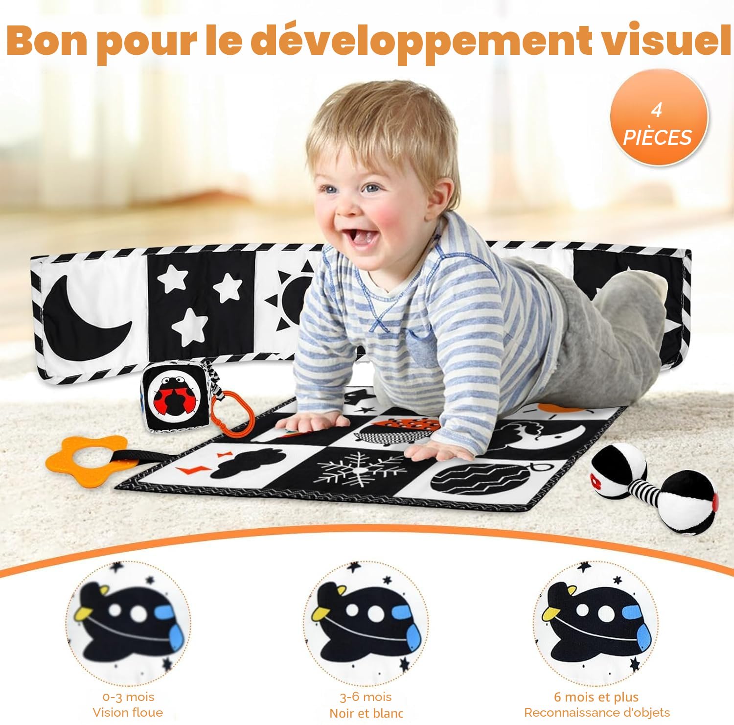 Collazoey Black Noir et Blanc Bébé Montessori, Livres D'éveil Sensoriel Bébé, 0-3-6-12 Mois Livre D'eveil Double Face en Tissu, Livr e Doux Froissé, Cadeau Parfait pour Bébé 0-12 Mois