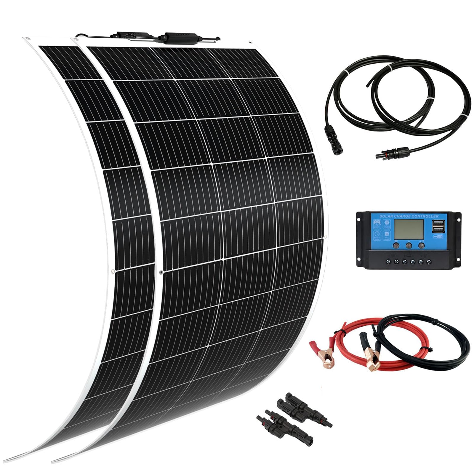 Flexible Solar Panel kit 200W12V for Off Grid RV, Boat,Cabin,Home Uneven Surfaces,2PCS 105W monocrystalline Solar Panel,20A Charge controlle,Extension Cable，Y-Type Connector-image-6