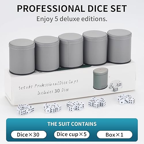 Miniatura 2 de Paquete de 5 vasos de dados de piel sintética con forro de fieltro de terciopelo con 30 dados de puntos para juegos de dados Yahtzee Farkle, gris