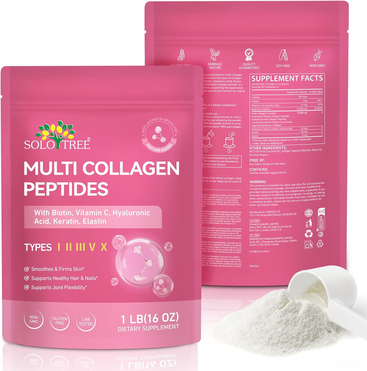Multi Collagen Peptides Powder, 1 lb Unflavored Hydrolyzed Collagen Types I, II, III, V & X with Biotin, Hyaluronic Acid & Vitamin C – Keto & Paleo Friendly, Non-GMO