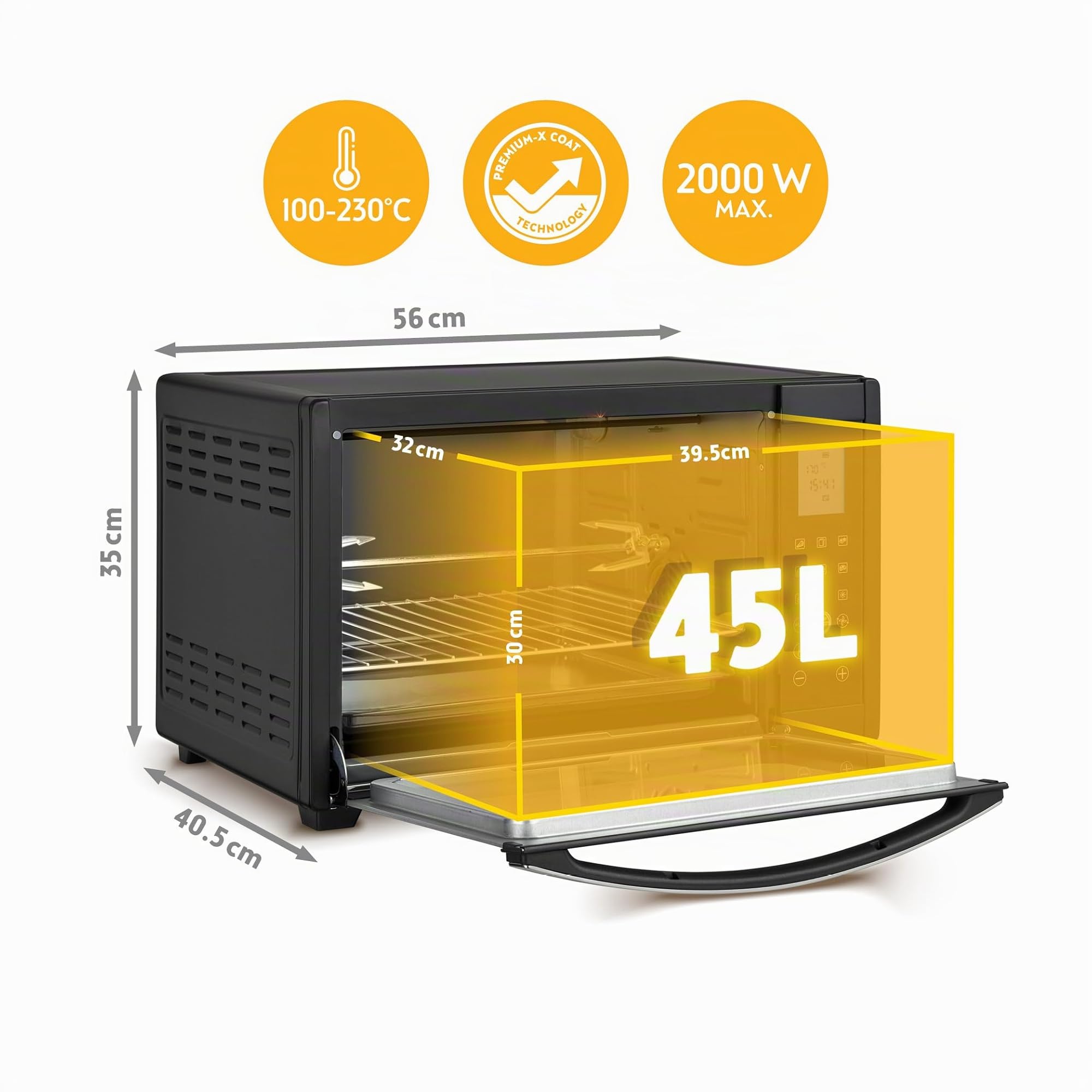 TZS First Austria – Mini-Four 45L 2000W digital – Revêtement Premium-X, Température jusqu'à 230°C & 4 Niveaux – Minuteur 180 Min & 8 Modes – Inclus Tournebroche – Pour Petites Cuisines & Camping