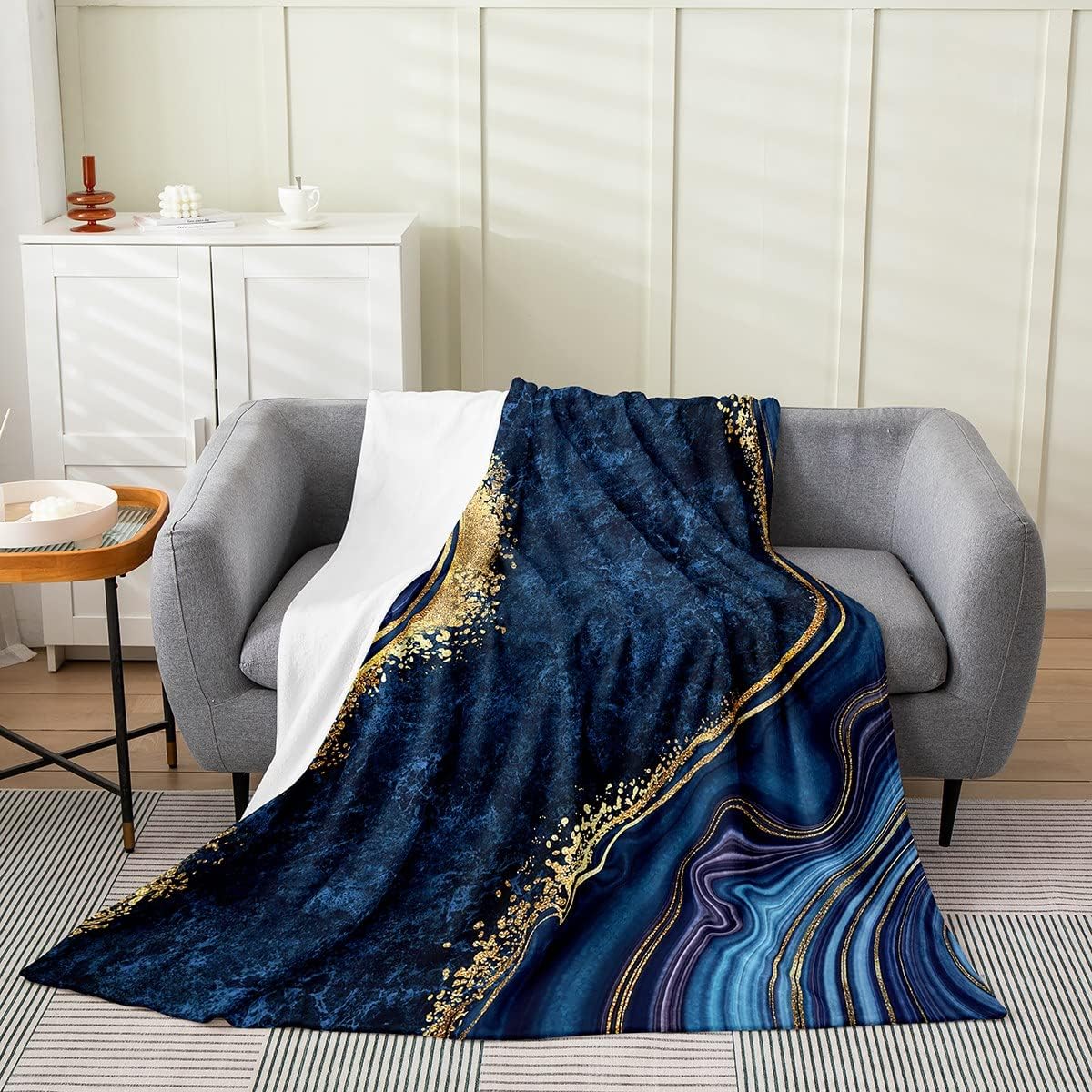 Feelyou Blue Gloden Marble Plush Throw Blanket, 40"x50" Modern Marble Aesthetic Flannel Fleece Blanket for Sofa Couch Kids Abstract Marble All Season,Bed Blanket Artwork Design Room Decor Mu