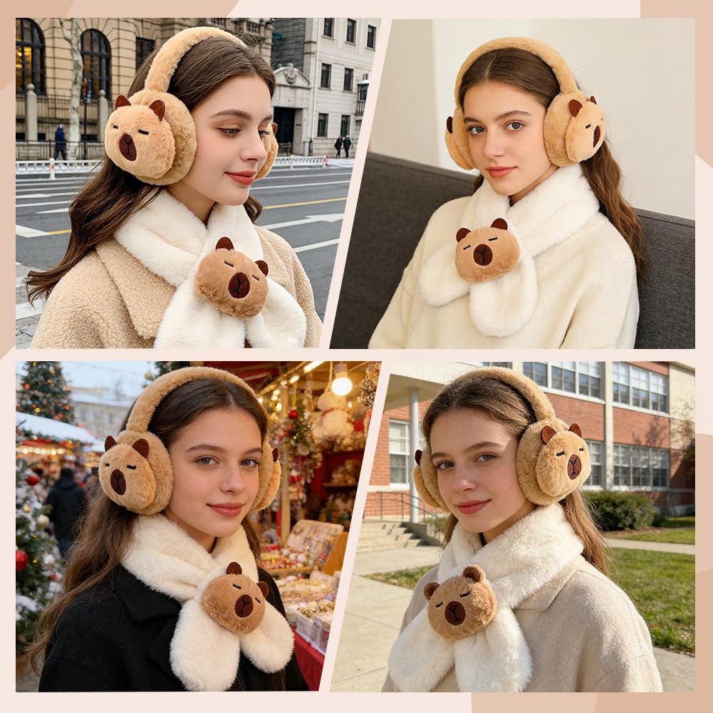 Orejeras de Invierno para Niños, Bufanda infantil Peluche Capybara, Diseño de Estilo de Capybara,Para Actividades Aire Libre En Invierno Correr Esquiar Senderismo-2pcs