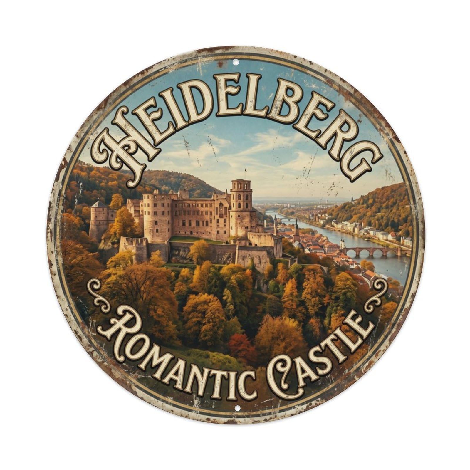 Vintage Travel Heidelberg Germany Romantic Metal Tin Sign Plaque Wall Decor for Cafe, Club, Garden Round Metal Poster 8x8Inch