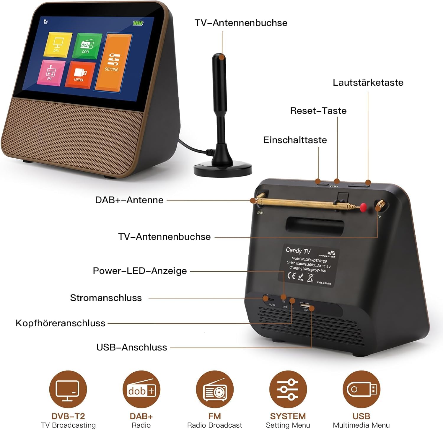 VIBELL Mini TV Portable 7 Pouces DVB-T2 & Dab+ avec Écran IPS Tactile HD, Batterie Rechargeable 2000mAh, Radio FM, Lecture Multimédia USB, Haut-Parleurs Stéréo, Télécommande