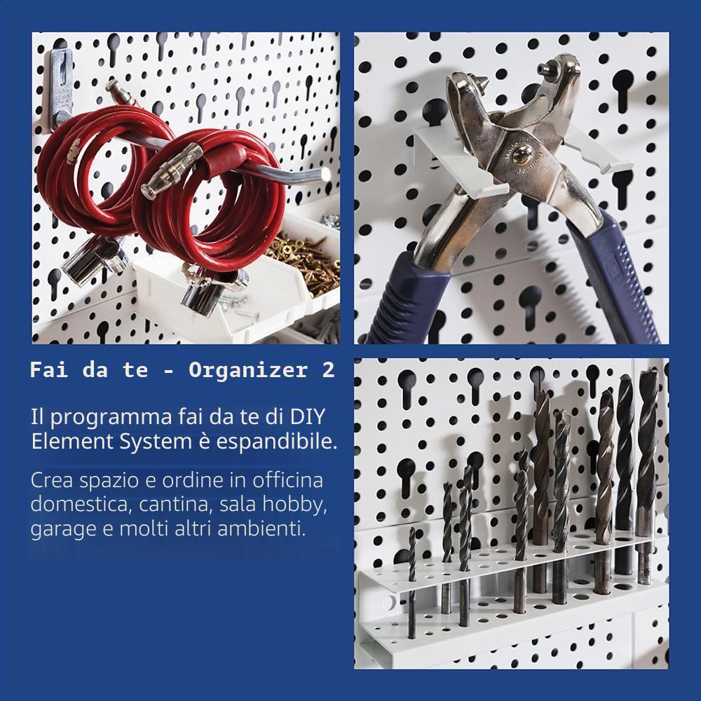 Element System 11300-00004 - Pannello forato per attrezzi, in metallo, comprensivo di set con 19 pezzi e ganci, viti e tasselli, colore bianco
