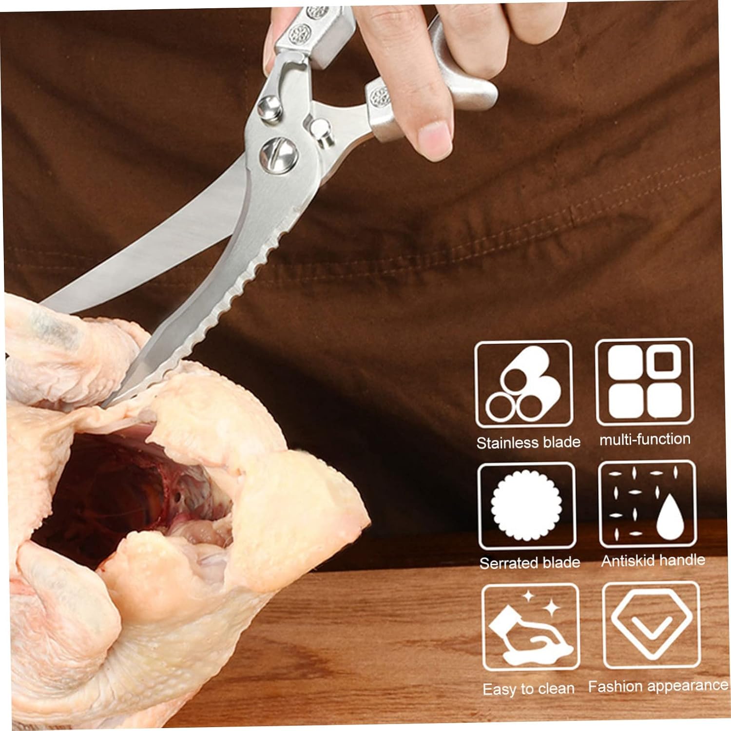 1pc Stainless Steel Kitchen Scissors Multi-functional Poultry Shears for Cutting Chicken Meat Fish and Vegetables Featuring Safety Lock and Spring-loaded Design