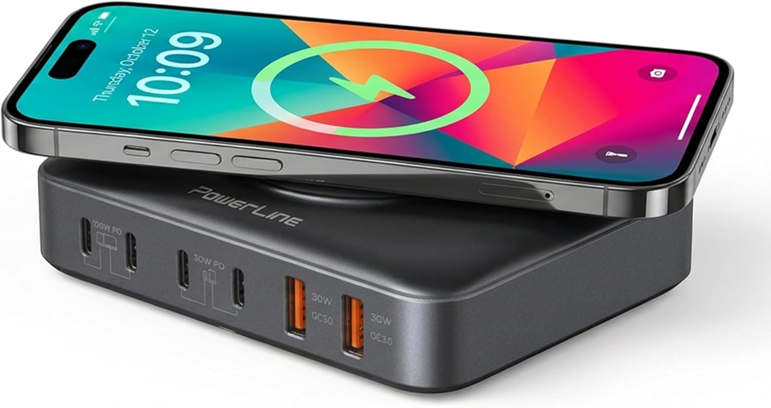 PowerLine 100W, 7-Port (4X USB C, 2X USB A, Wireless Charging pad) Desktop Charging Station (PD3 Fast Charging, GaN Tech) for MacBook, Laptop, Smartphone, Tablet, Headphones, Game Controllers, & More