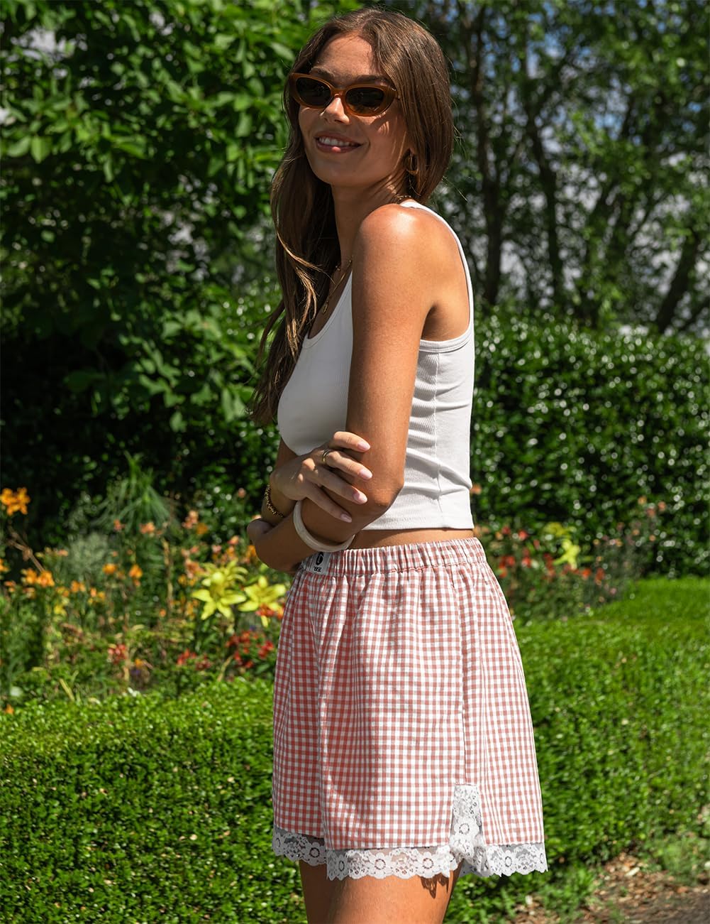 TARSE Gingham Shorts for Women Boxer Lace Trim Sleep Pajama Lounge Shorts Summer Casual Home Wear Bottoms - Image 4